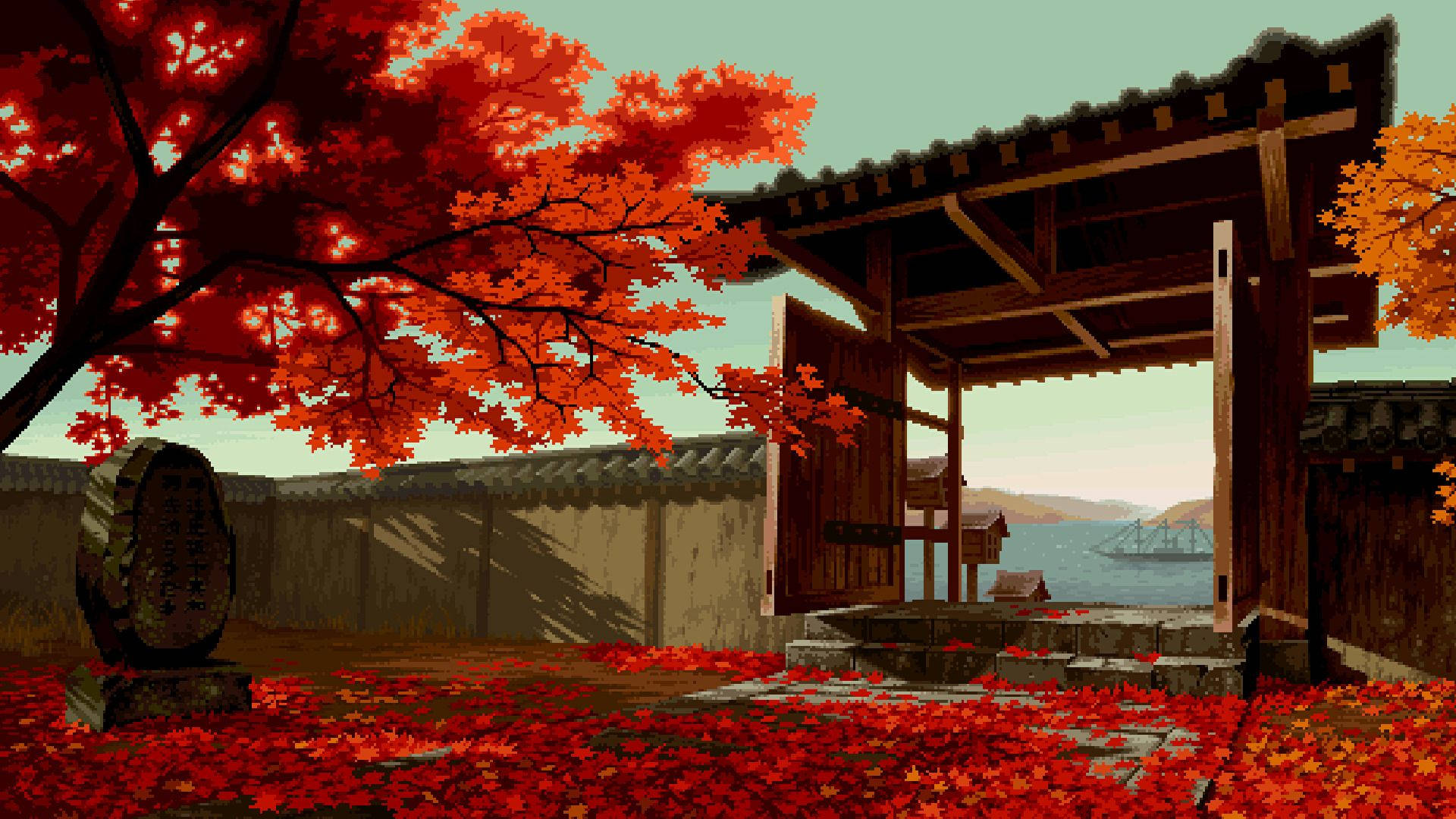 8 Bit Japan, vibrant red maple leaves, traditional wooden gate, Full HD Desktop Wallpaper