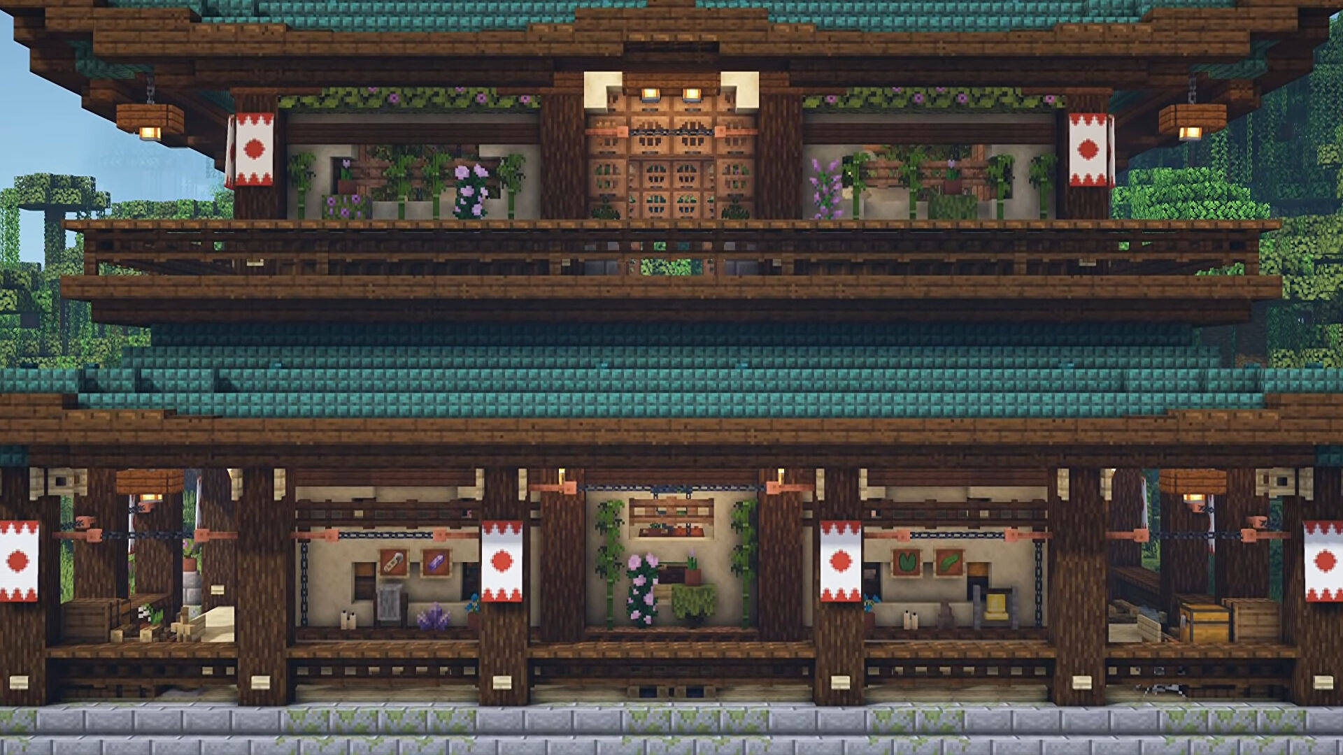 8 Bit Japan, wooden house, green roofs, Full HD Desktop Wallpaper