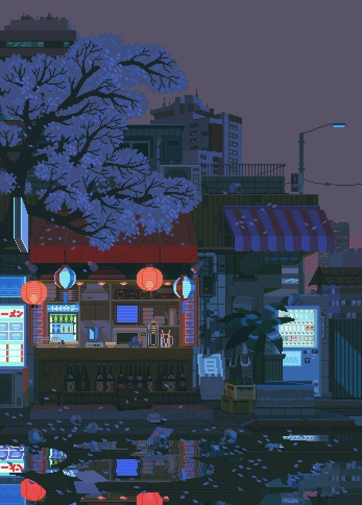 8 Bit Japan, dusk, cherry blossoms, SD Phone Wallpaper