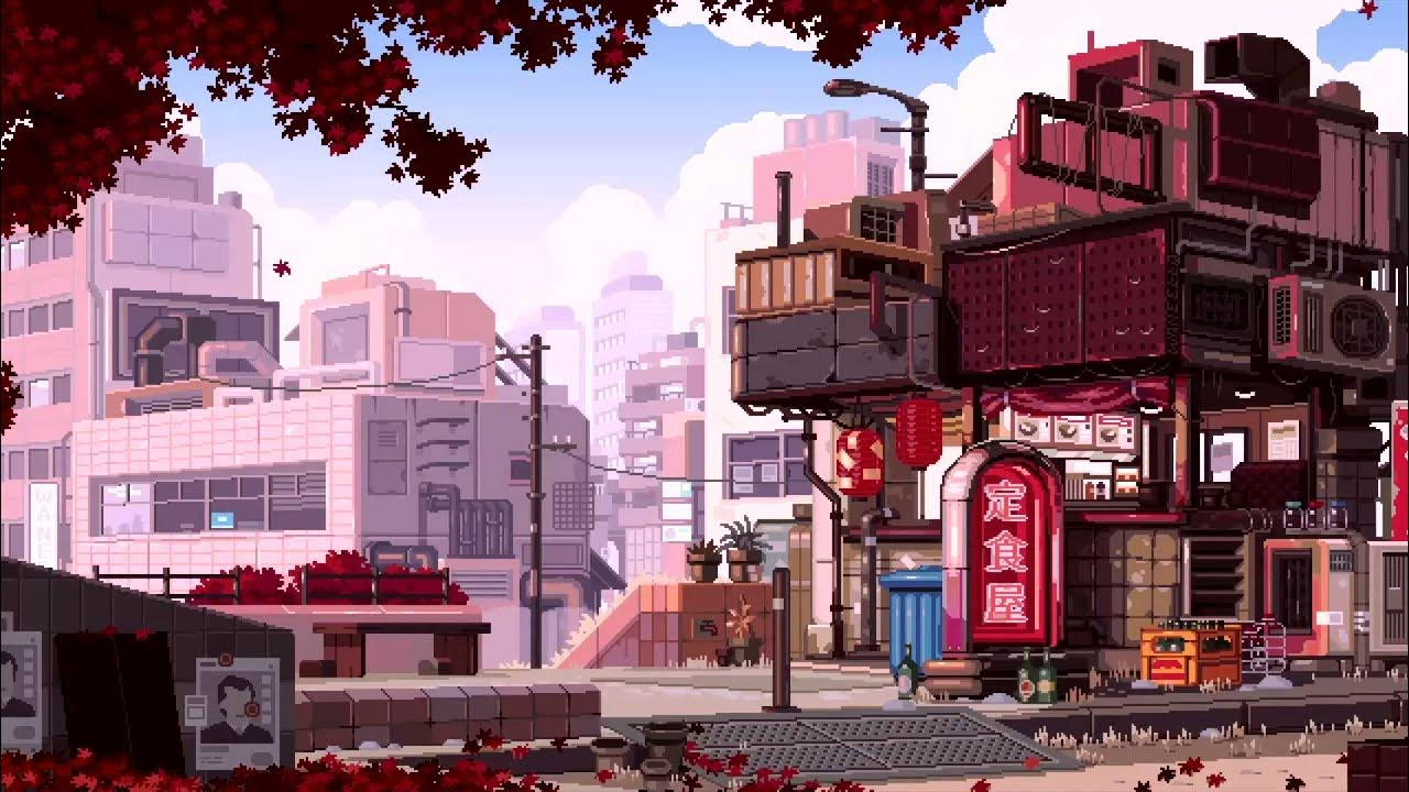 8 Bit Japan, pixel-art cityscape, red maple leaves, HD Desktop Wallpaper