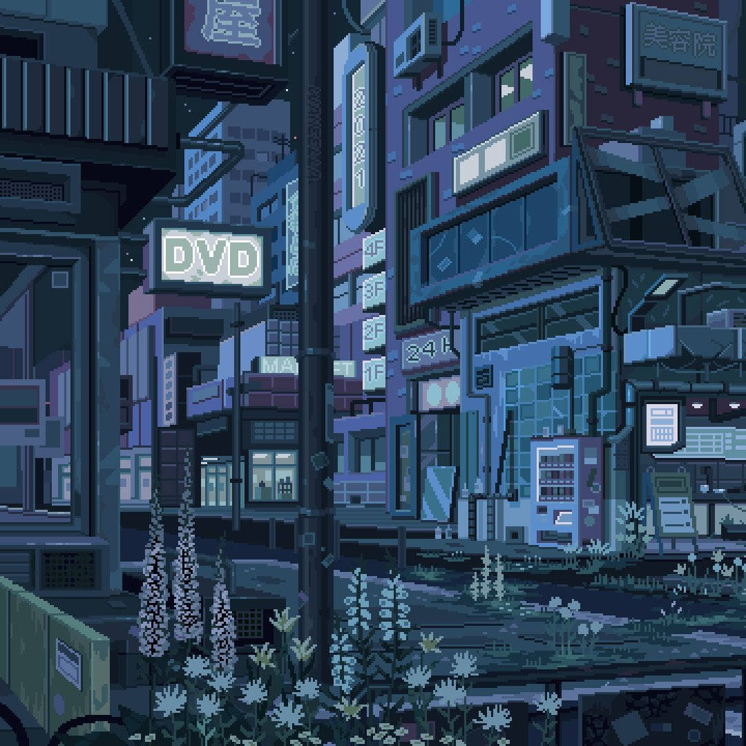 8 Bit Japan, pixel-art city street, neon signs, SD Desktop Wallpaper