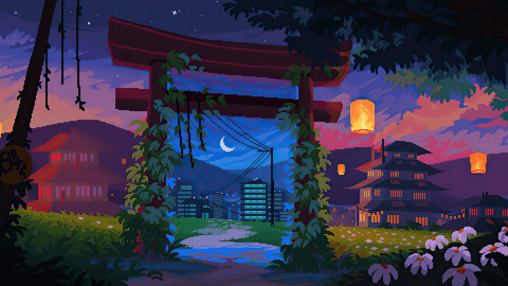8 Bit Japan, torii gate, twilight, Full HD Desktop Wallpaper
