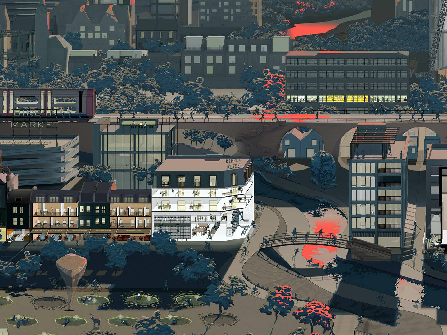 8 Bit Japan, dusk, glowing red river, HD Desktop Wallpaper