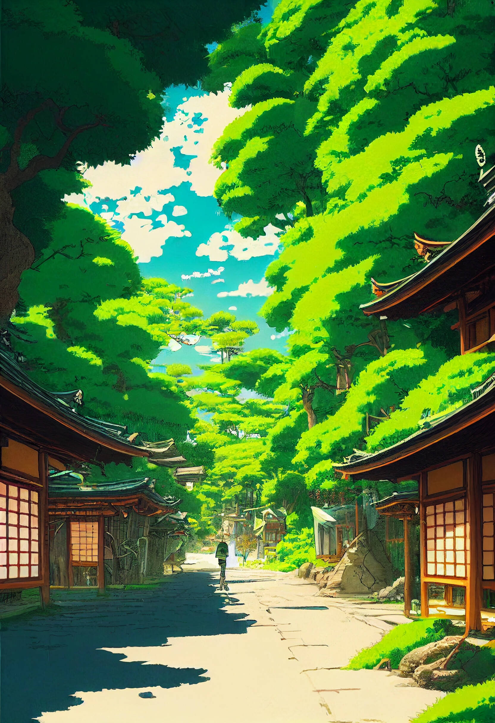8 Bit Japan, sun-dappled stone path, lush green trees, Full HD Phone Wallpaper