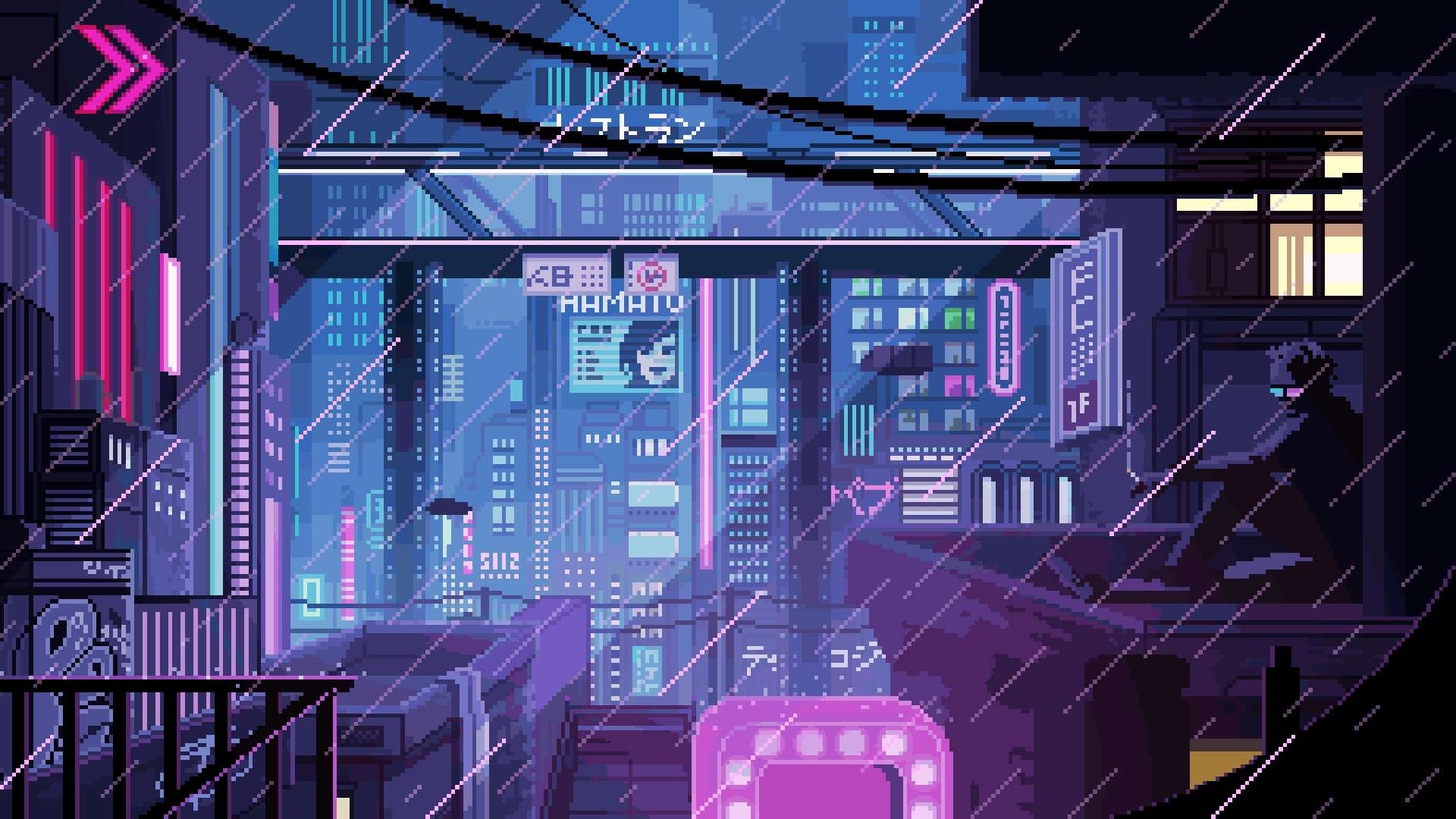 8-bit Japan, pixel-art cityscape, neon signs, Full HD Desktop Wallpaper