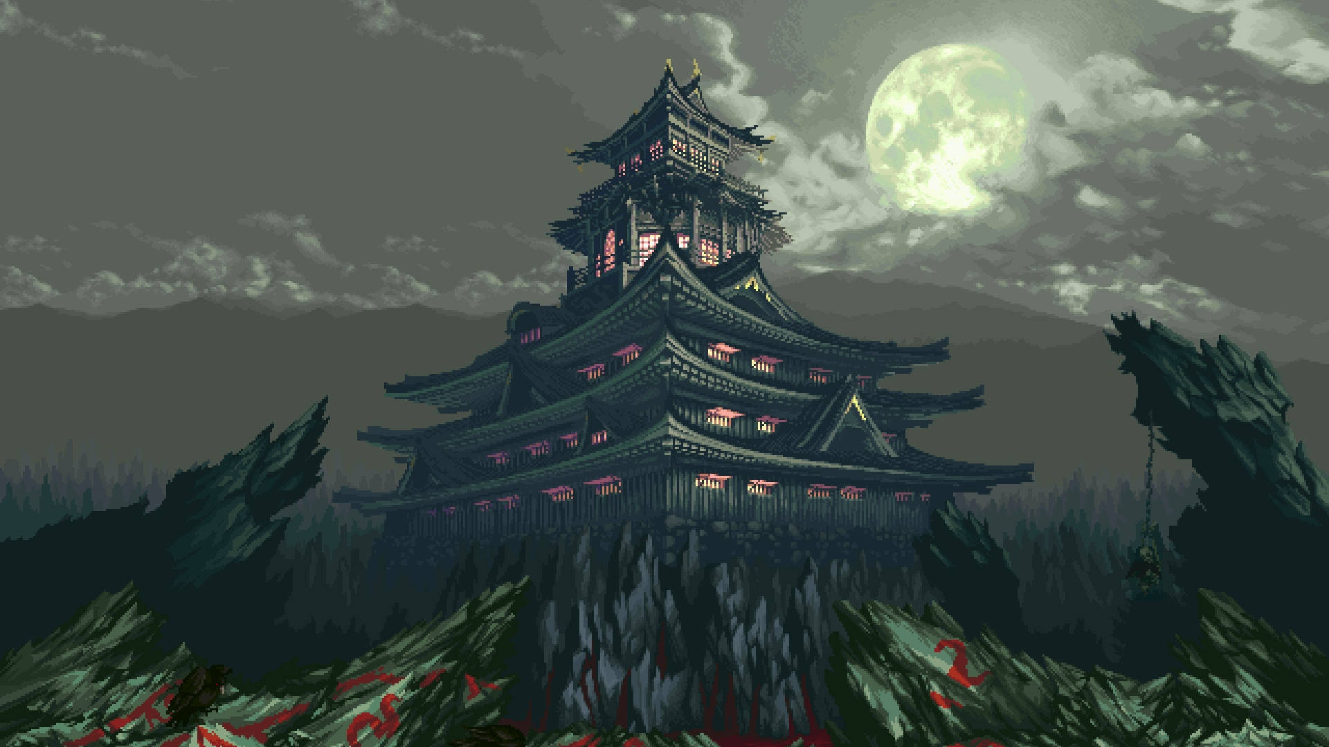 8 bit japan, pixel-art Japanese castle, cliff, Full HD Desktop Wallpaper