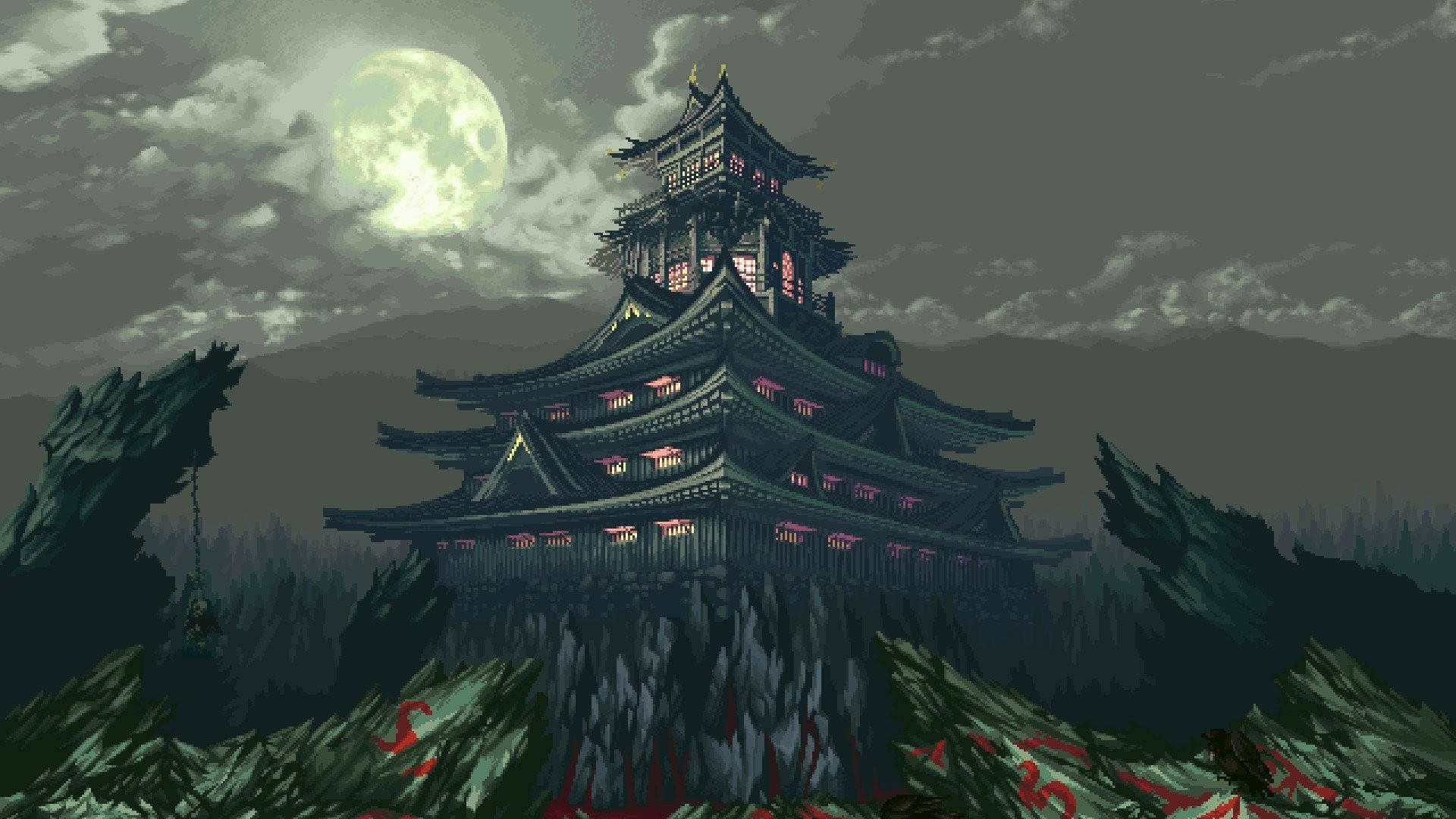 8 Bit Japan, pagoda, forest, Full HD Desktop Wallpaper
