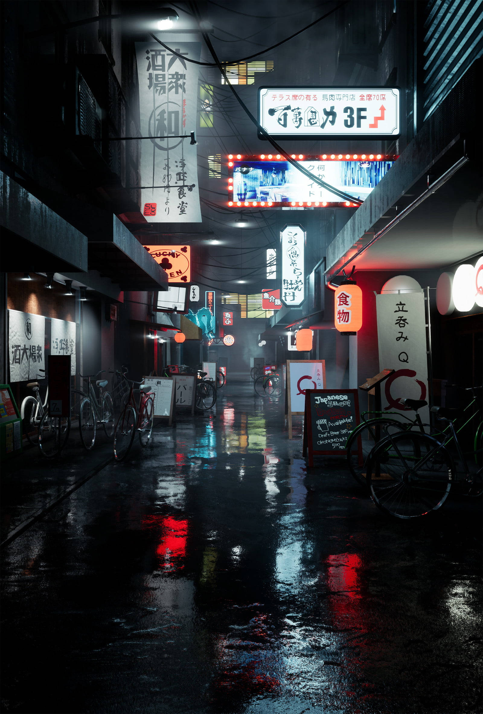Rainy Japan, 4K, neon-lit alleyway, Full HD Phone Wallpaper