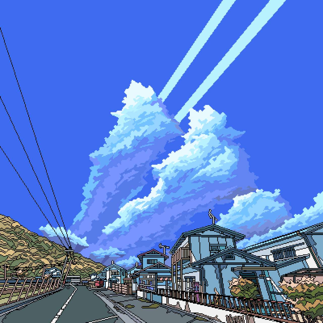 8 Bit Japan, village street, vibrant blue sky, HD Desktop Wallpaper