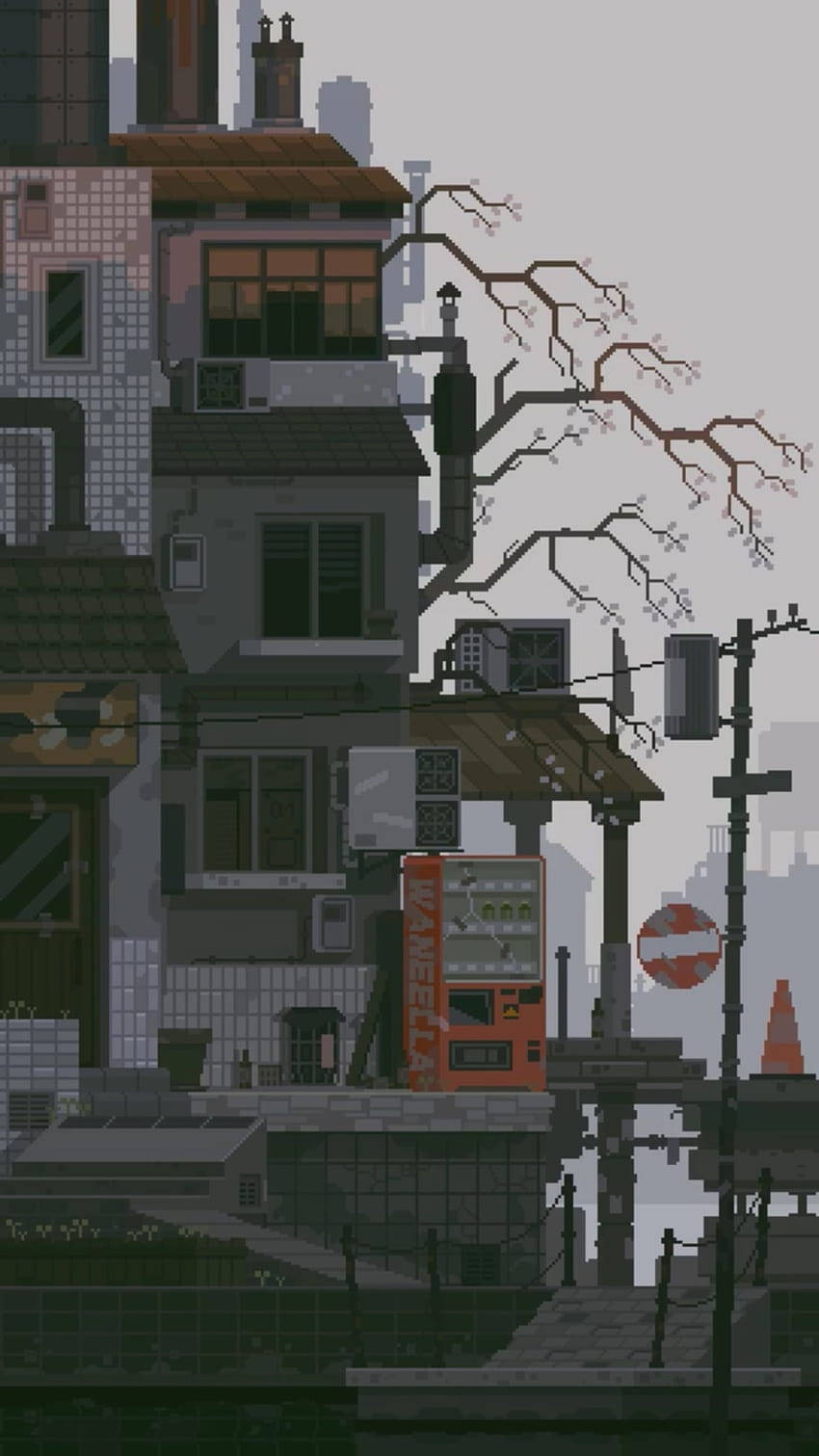 8 Bit Japan, pixel-art cityscape, weathered buildings, HD Phone Wallpaper