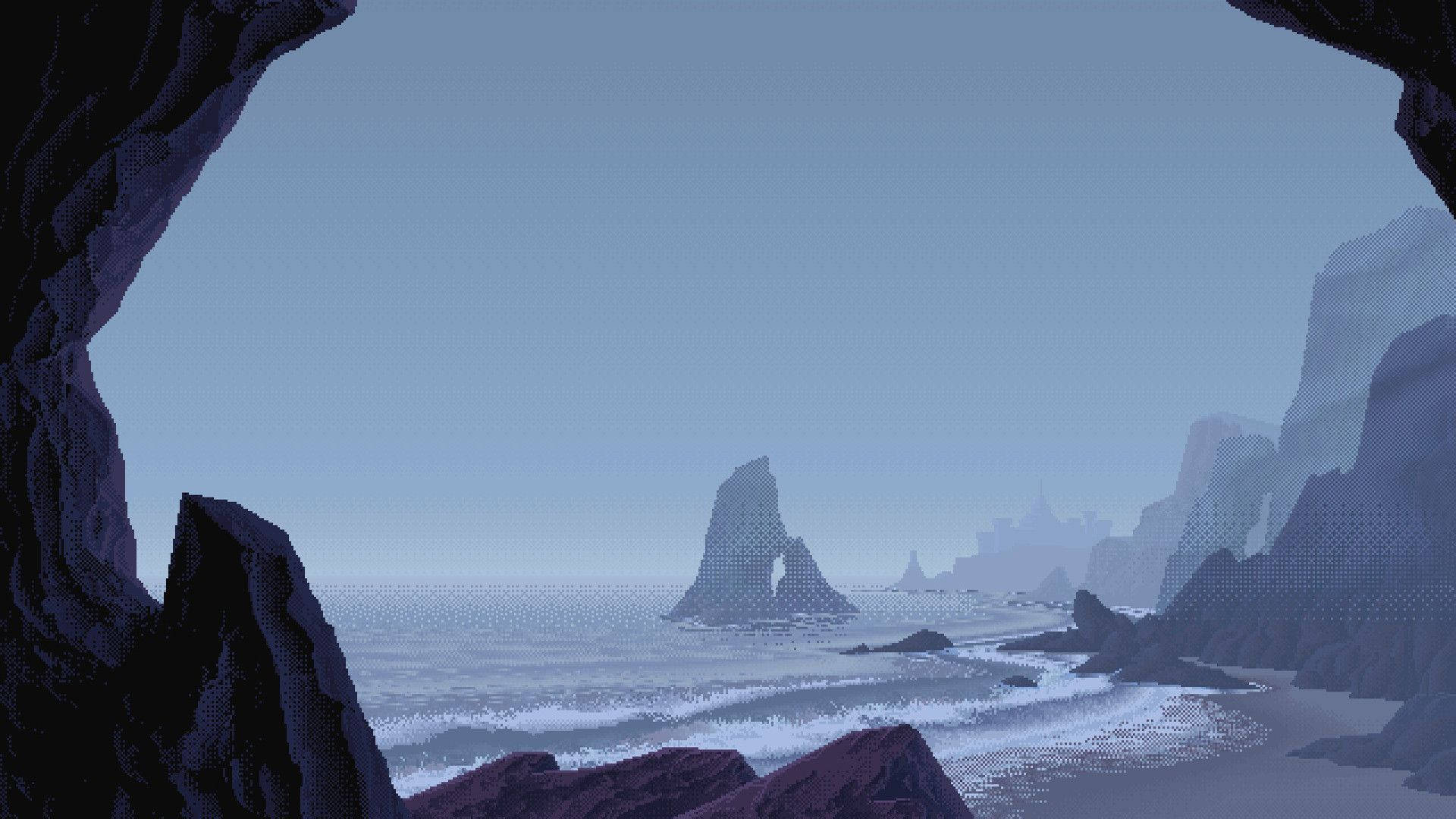 Gloomy Ocean 8 Bit, pixel-art, cave opening, Full HD Desktop Wallpaper