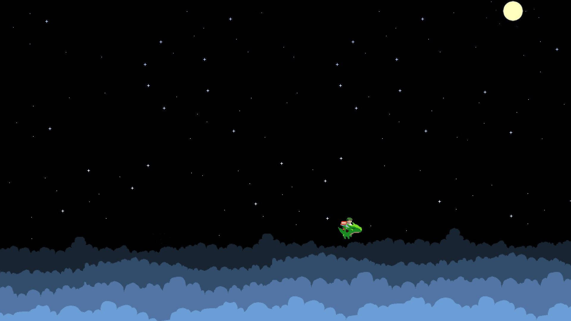 8 Bit, green frog, blue clouds, Full HD Desktop Wallpaper