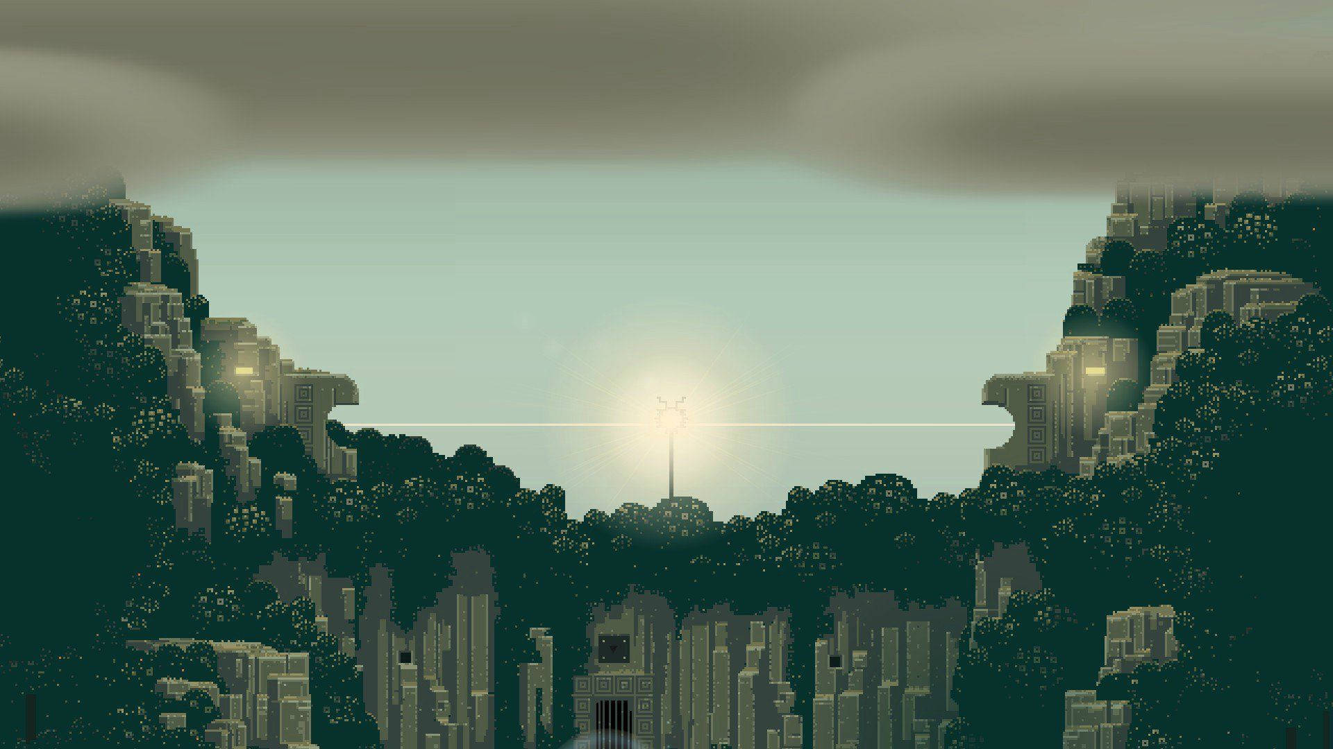8 Bit, pixel-art cityscape, forested cliffs, Full HD Desktop Wallpaper