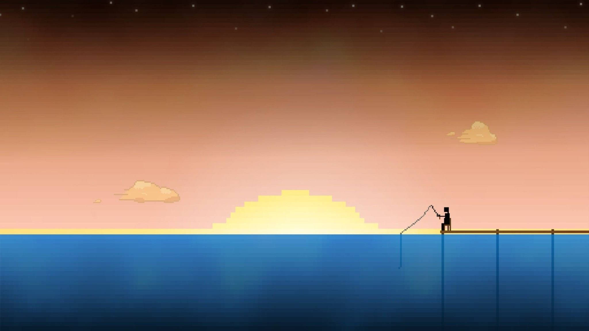 8 Bit, minimalist fishing, pier, Full HD Desktop Wallpaper