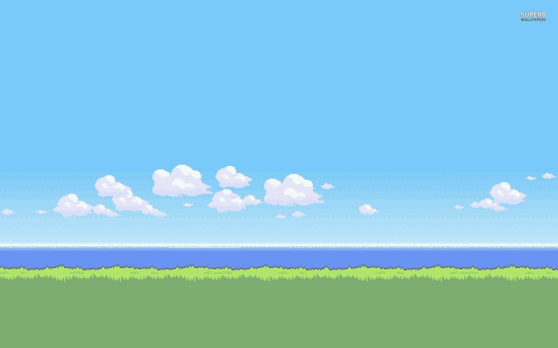 Peaceful Beach 8 Bit, green grass, blue ocean, Full HD Desktop Wallpaper