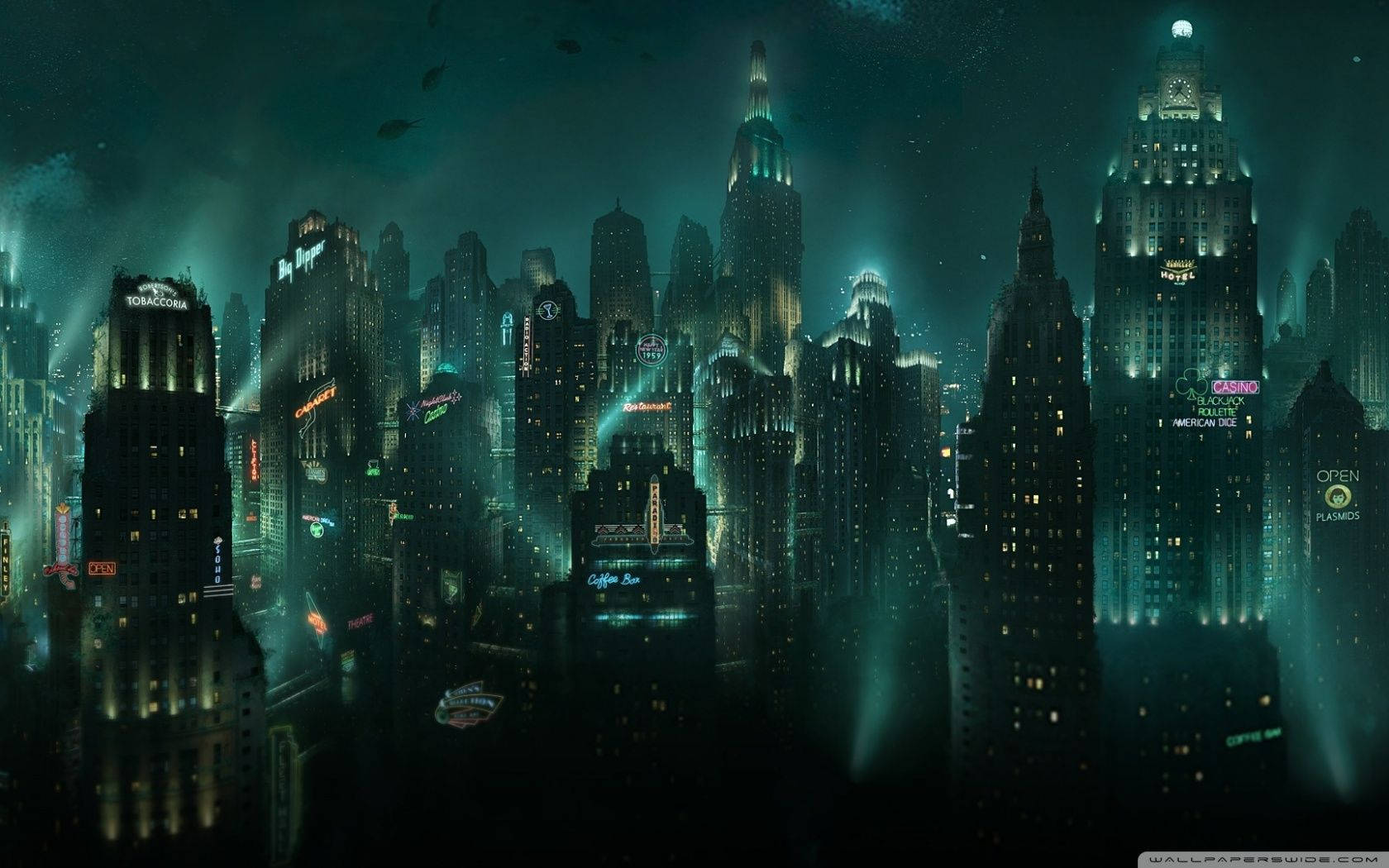 8 Bit, neon-lit cyberpunk cityscape, towering skyscrapers, HD Desktop Wallpaper