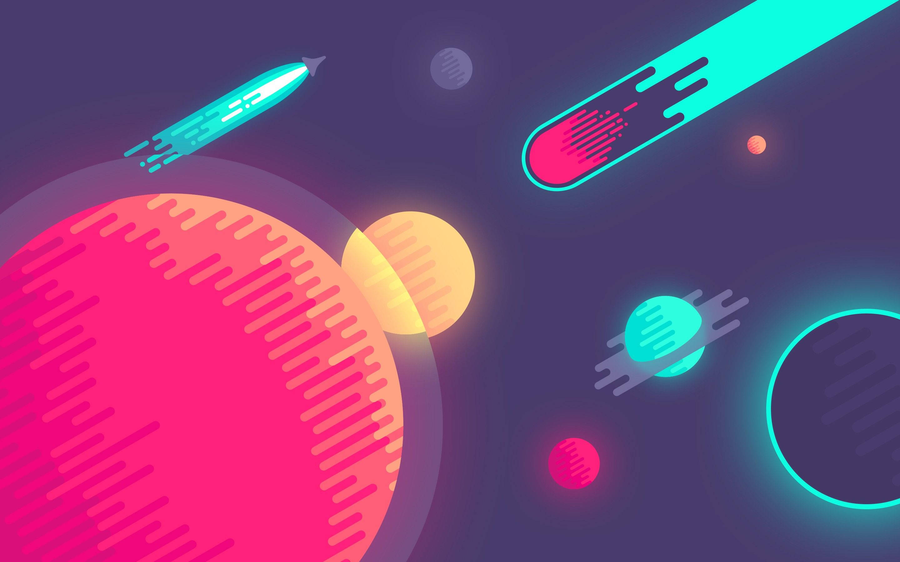 Space 8 Bit, neon spacecraft, glowing planets, 2K Desktop Wallpaper