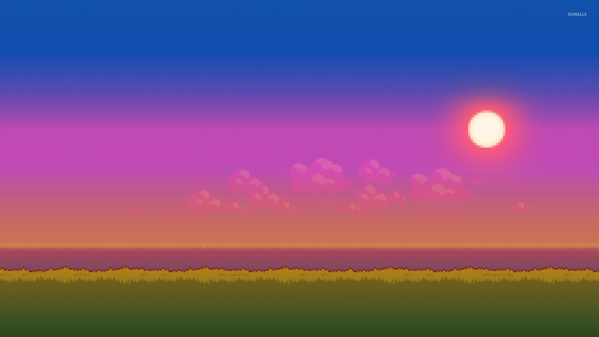 8 Bit, sunset, glowing sun, Full HD Desktop Wallpaper