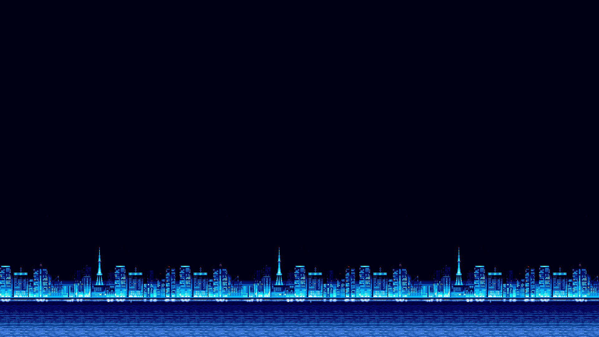 8 Bit, futuristic city skyline, electric blue lights, Full HD Desktop Wallpaper
