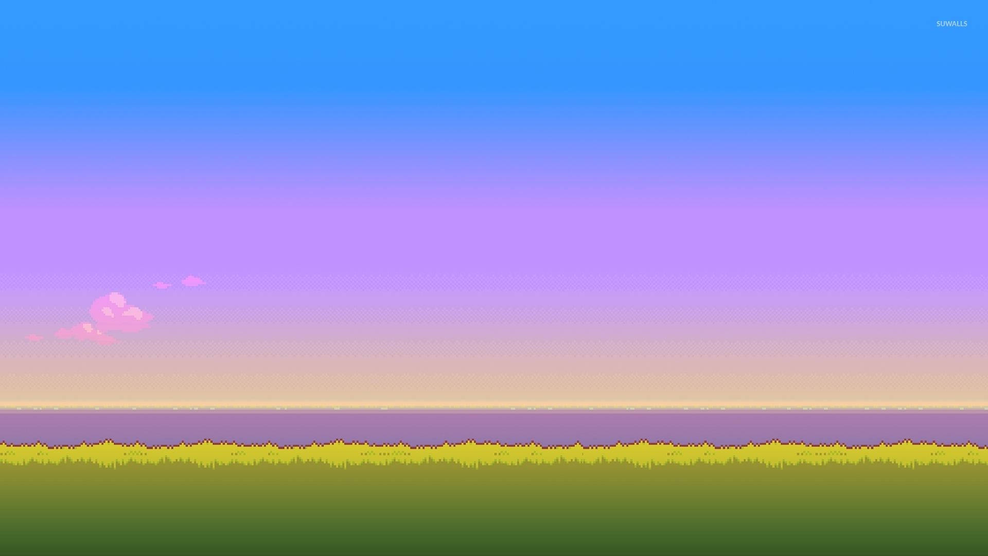 8 Bit, green grass, gradient sky, Full HD Desktop Wallpaper