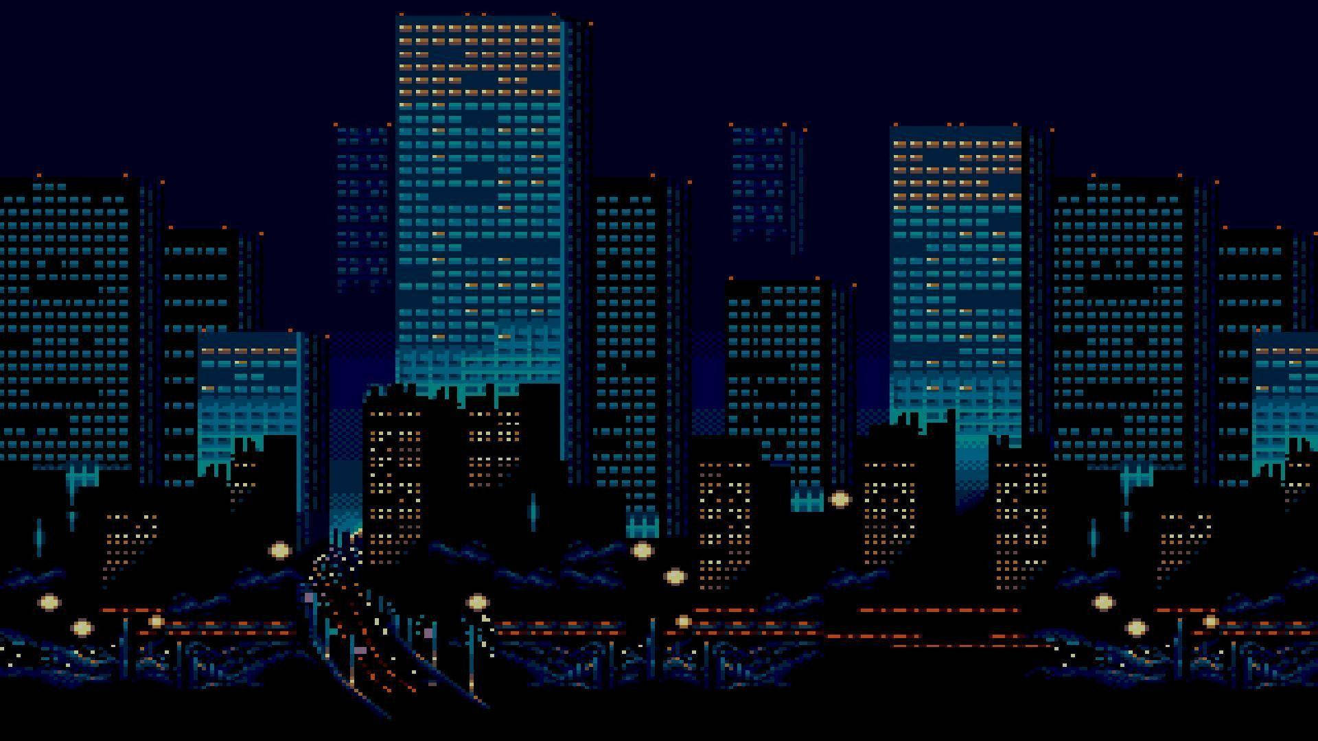 8 Bit, city skyline, night, Full HD Desktop Wallpaper
