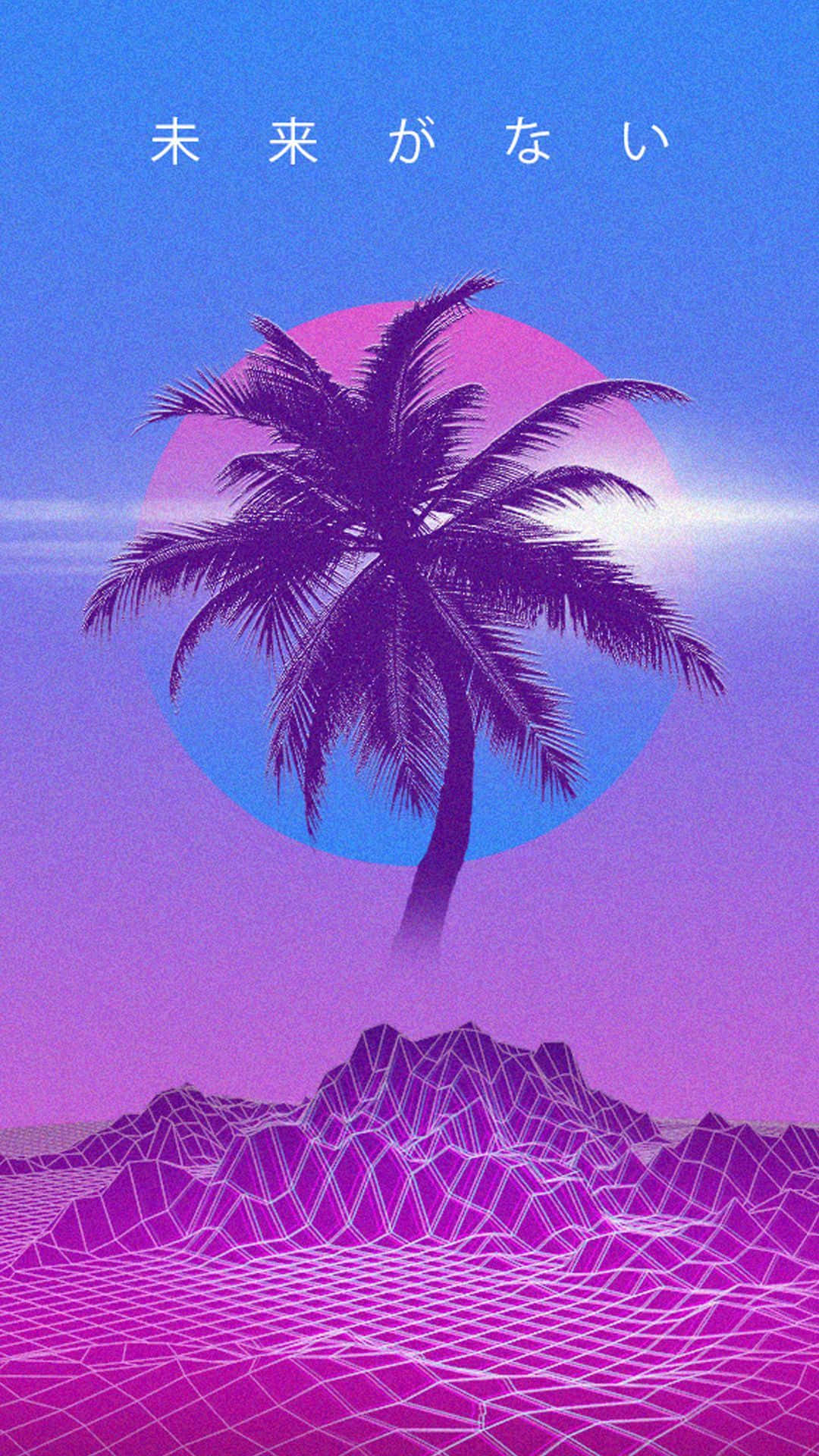 80s Aesthetic iPhone, palm tree, glowing pink and blue sun, Full HD Phone Wallpaper