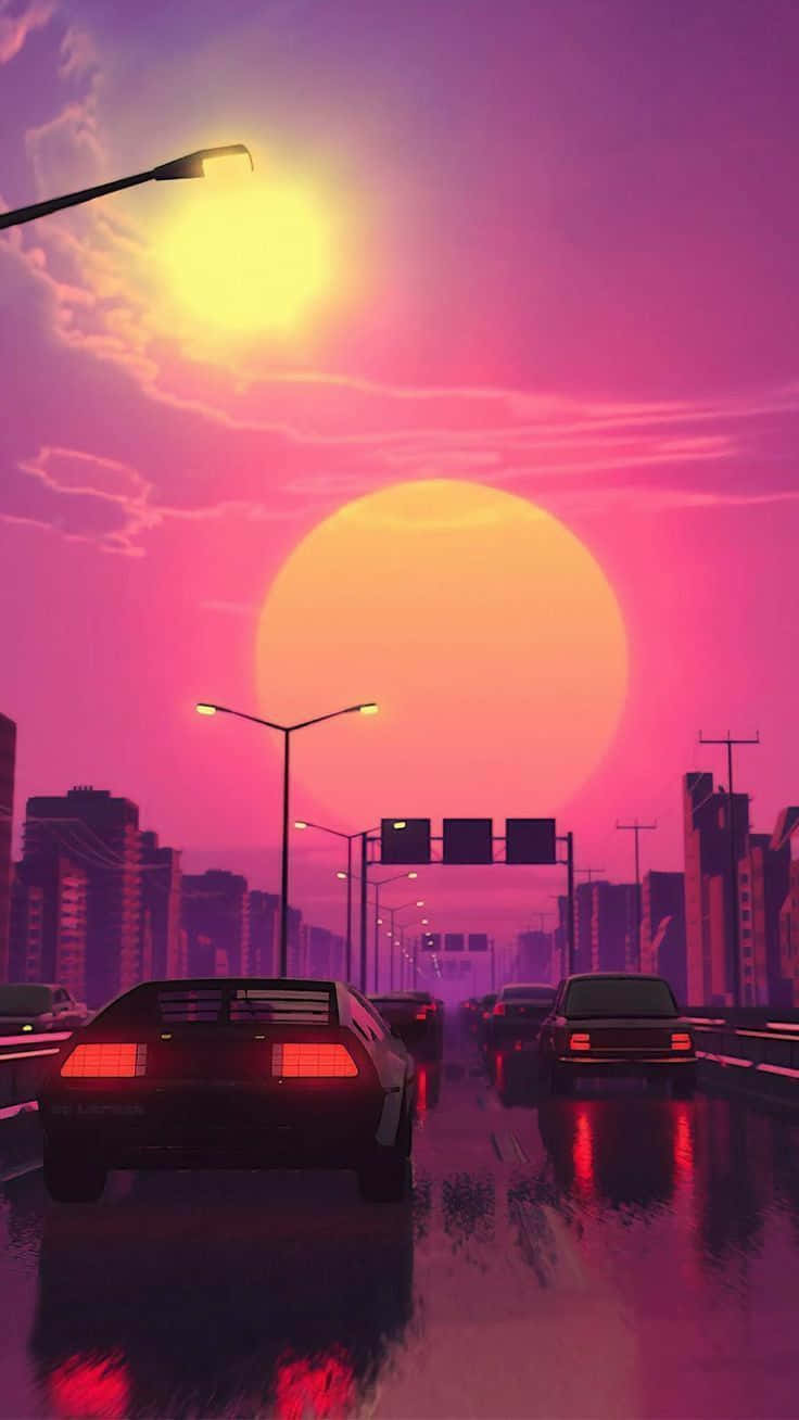 80s Aesthetic iPhone, Japan Sunset, neon-drenched city highway, HD Phone Wallpaper