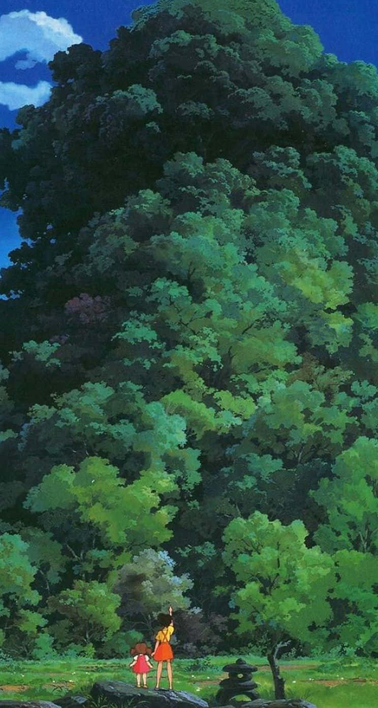 80s Aesthetic iPhone, two children, colossal ancient tree, HD Phone Wallpaper