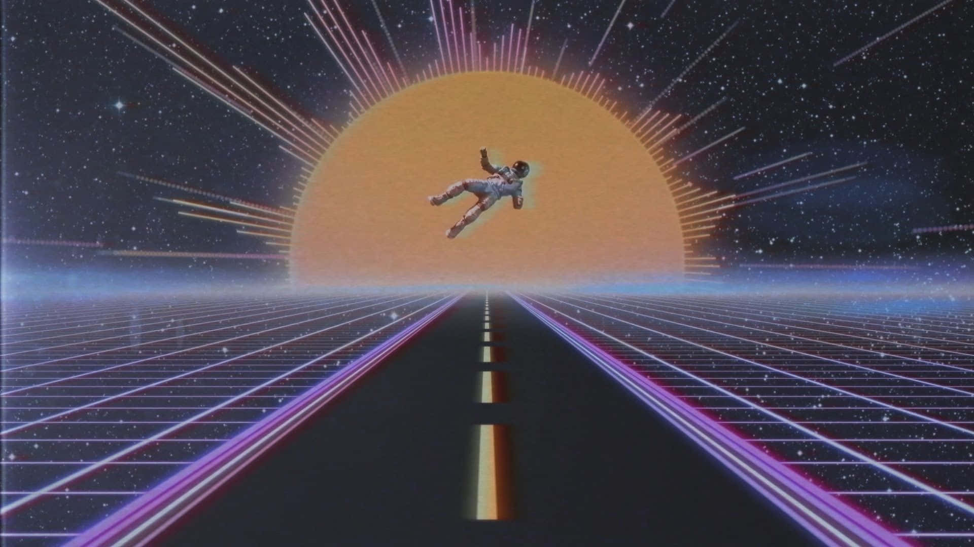80s Aesthetic, glowing grid road, radiant sun, Full HD Desktop Wallpaper