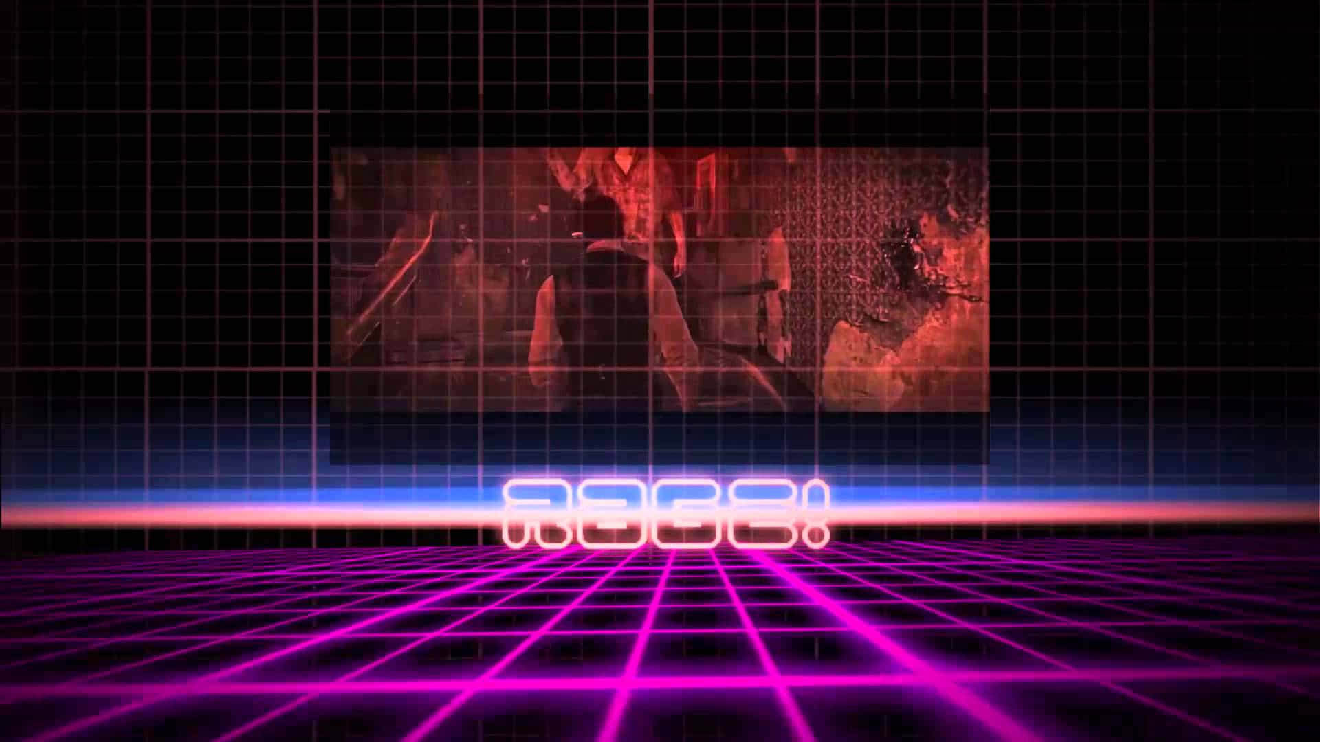 neon grid floor, glowing 'RAGE!' text, gritty red-tinted surveillance monitor, Full HD Desktop Wallpaper