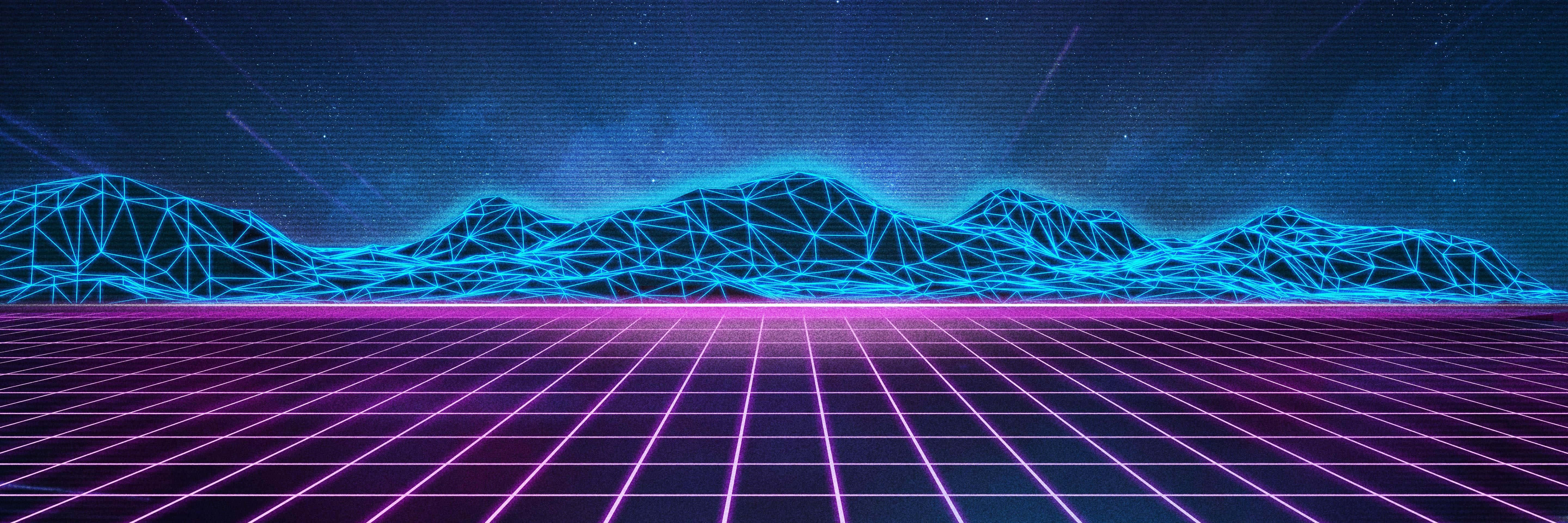 neon grid floor, glowing blue wireframe mountains, starry digital night sky, 5K Desktop Wallpaper