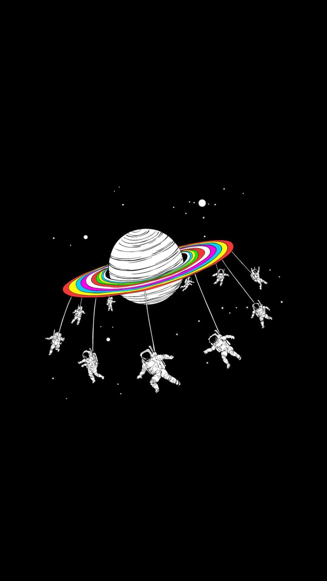 80s Aesthetic, rainbow ringed planet, starry black void, Full HD Phone Wallpaper