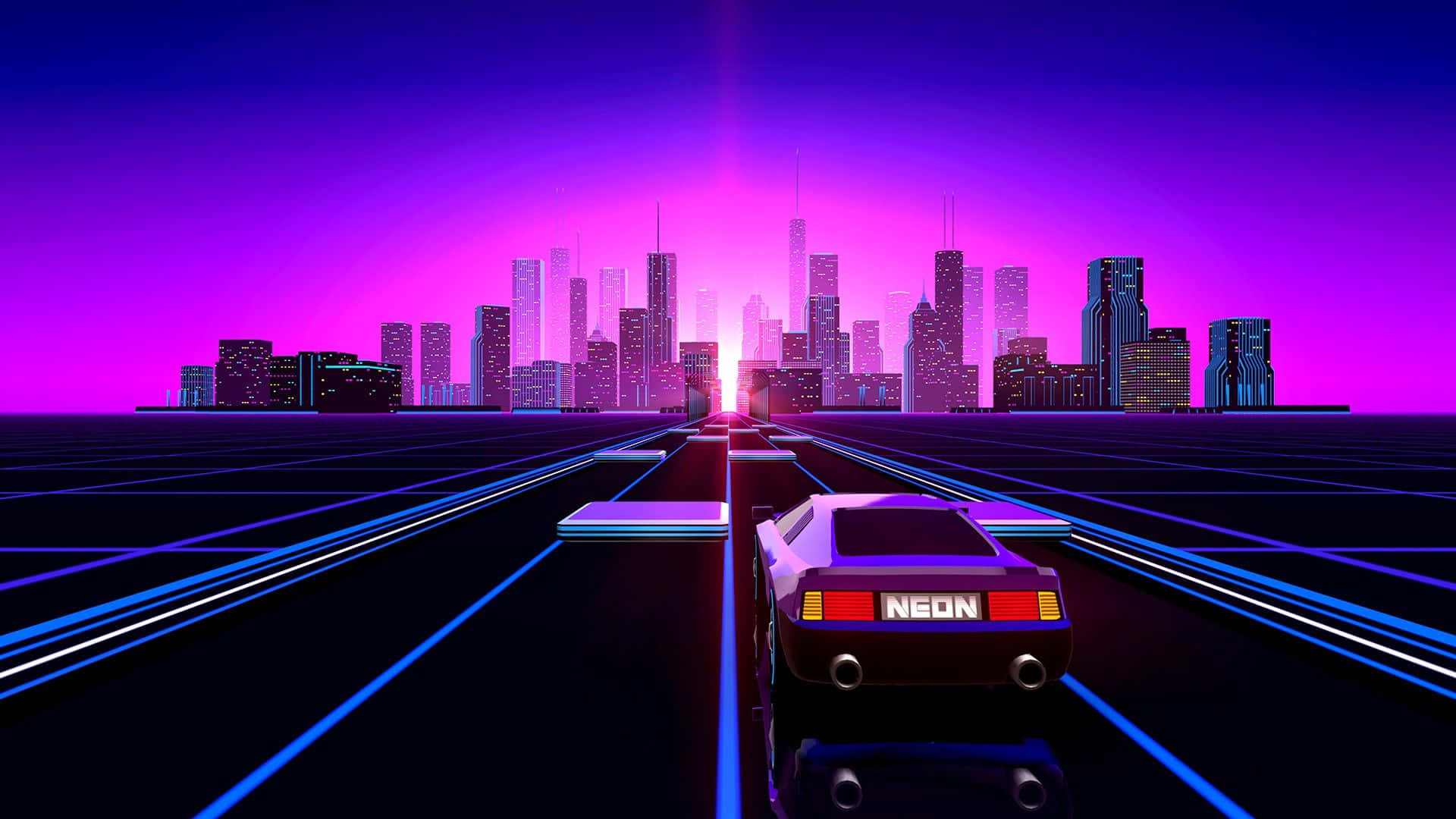 neon-lit sports car, glowing grid road, futuristic city skyline, Full HD Desktop Wallpaper