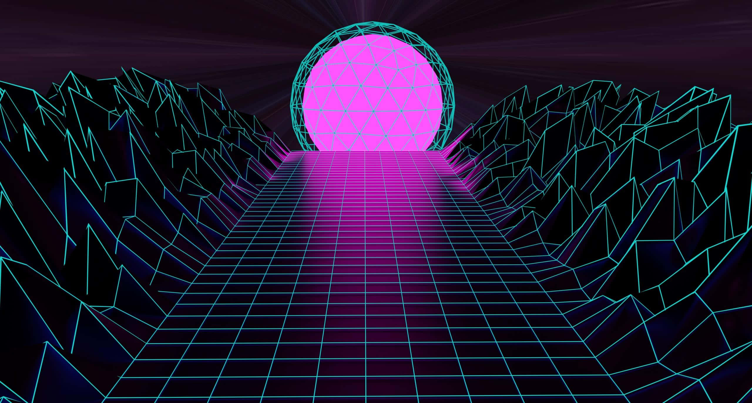 neon grid road, glowing pink sphere, jagged digital mountains, 2K Desktop Wallpaper