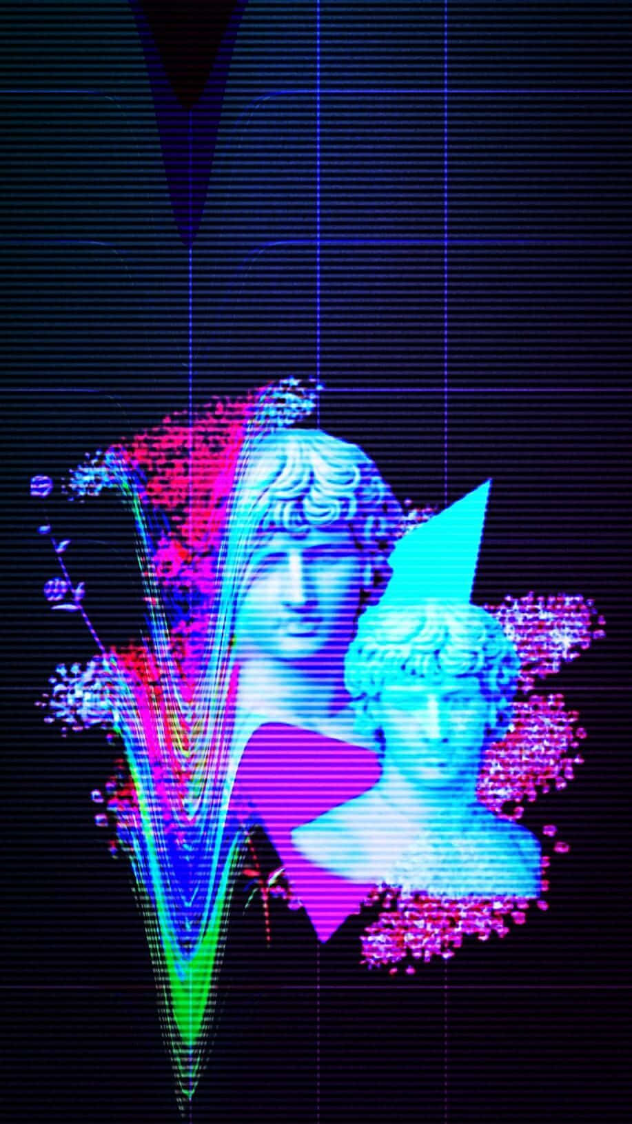 Neon glitch art, classical marble busts, vibrant digital distortions, HD Phone Wallpaper
