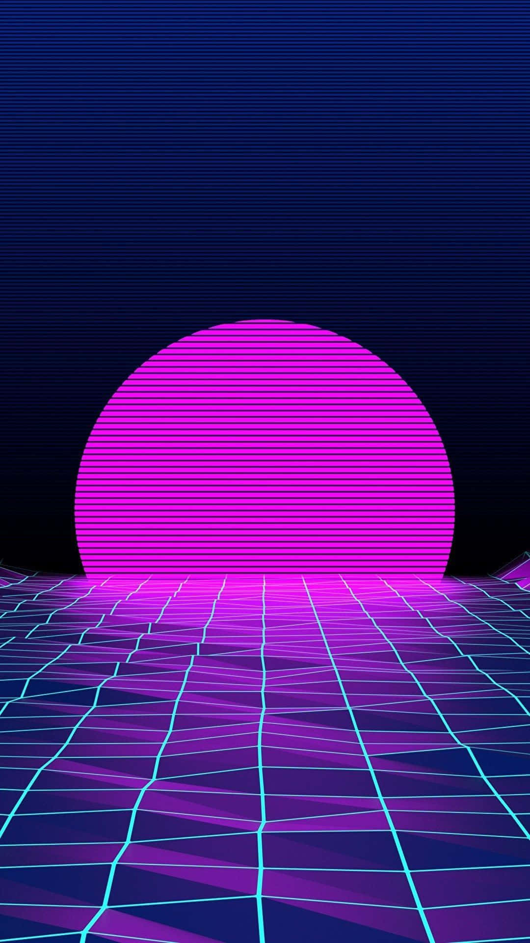 glowing pink sun, neon grid floor, dark blue sky, Full HD Phone Wallpaper