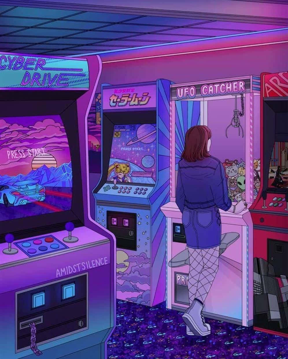 UFO catcher arcade game, neon lights, retro-futuristic arcade, SD Phone Wallpaper