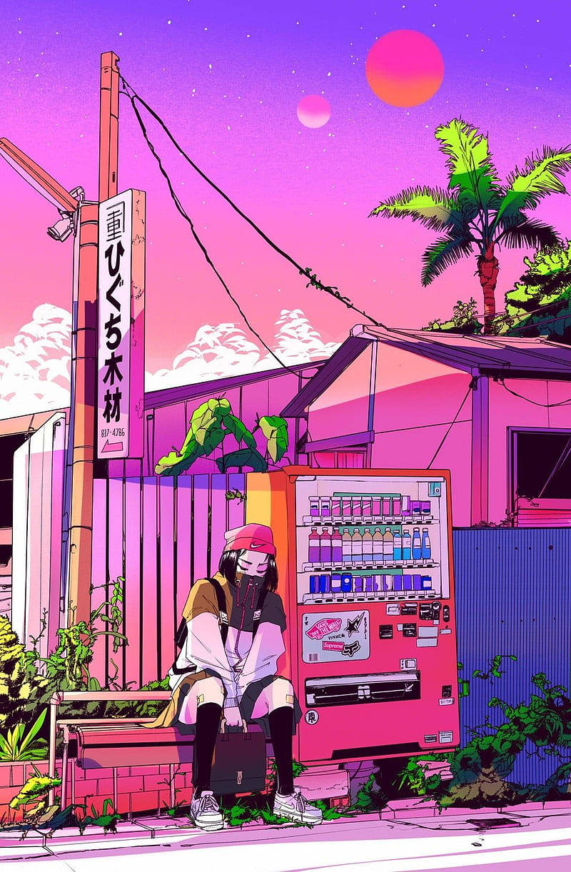 red cap, pink vending machine, surreal purple sky, SD Phone Wallpaper