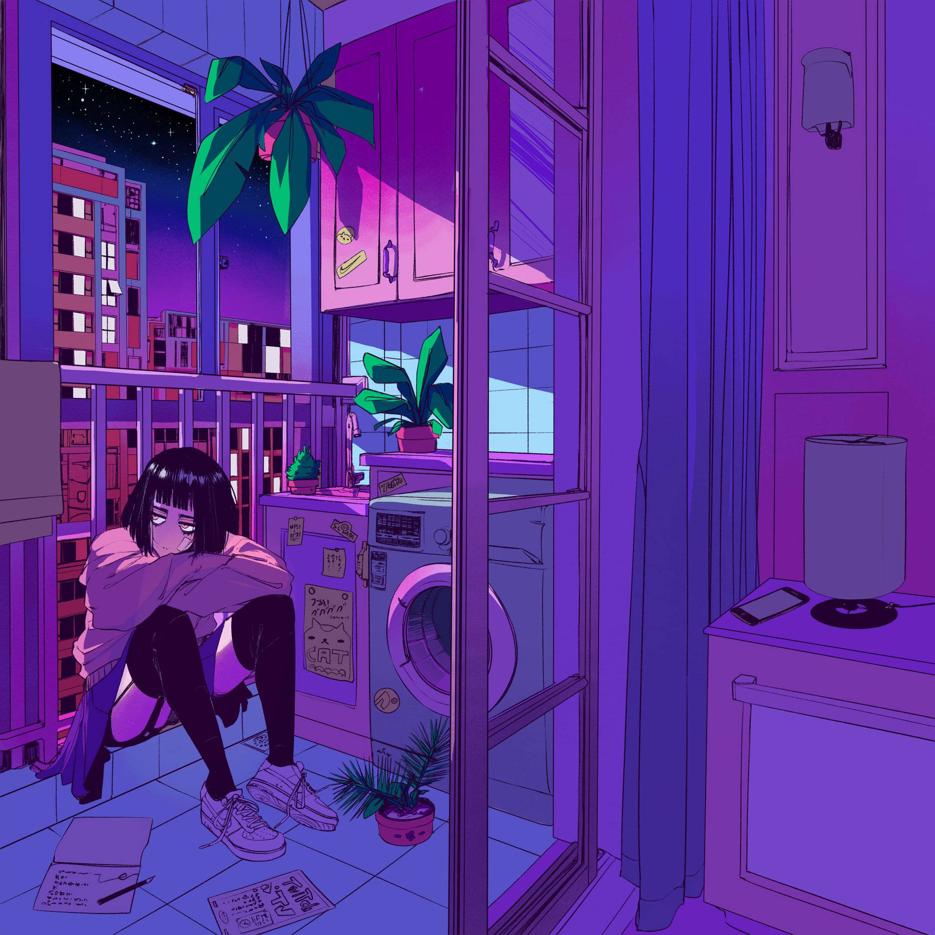 anime girl, purple wall, neon lights, HD Desktop Wallpaper