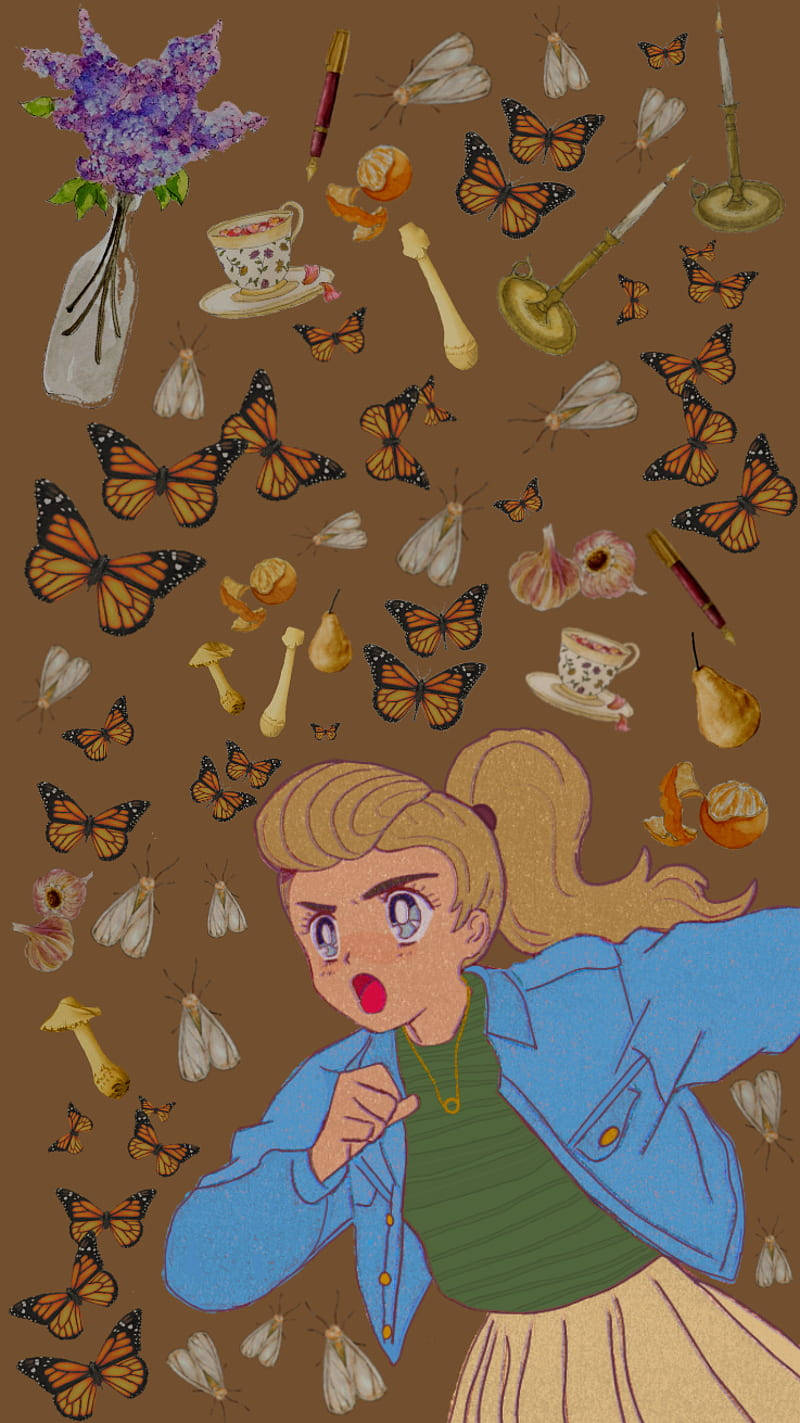 80s anime aesthetic, butterflies, teacups, HD Phone Wallpaper