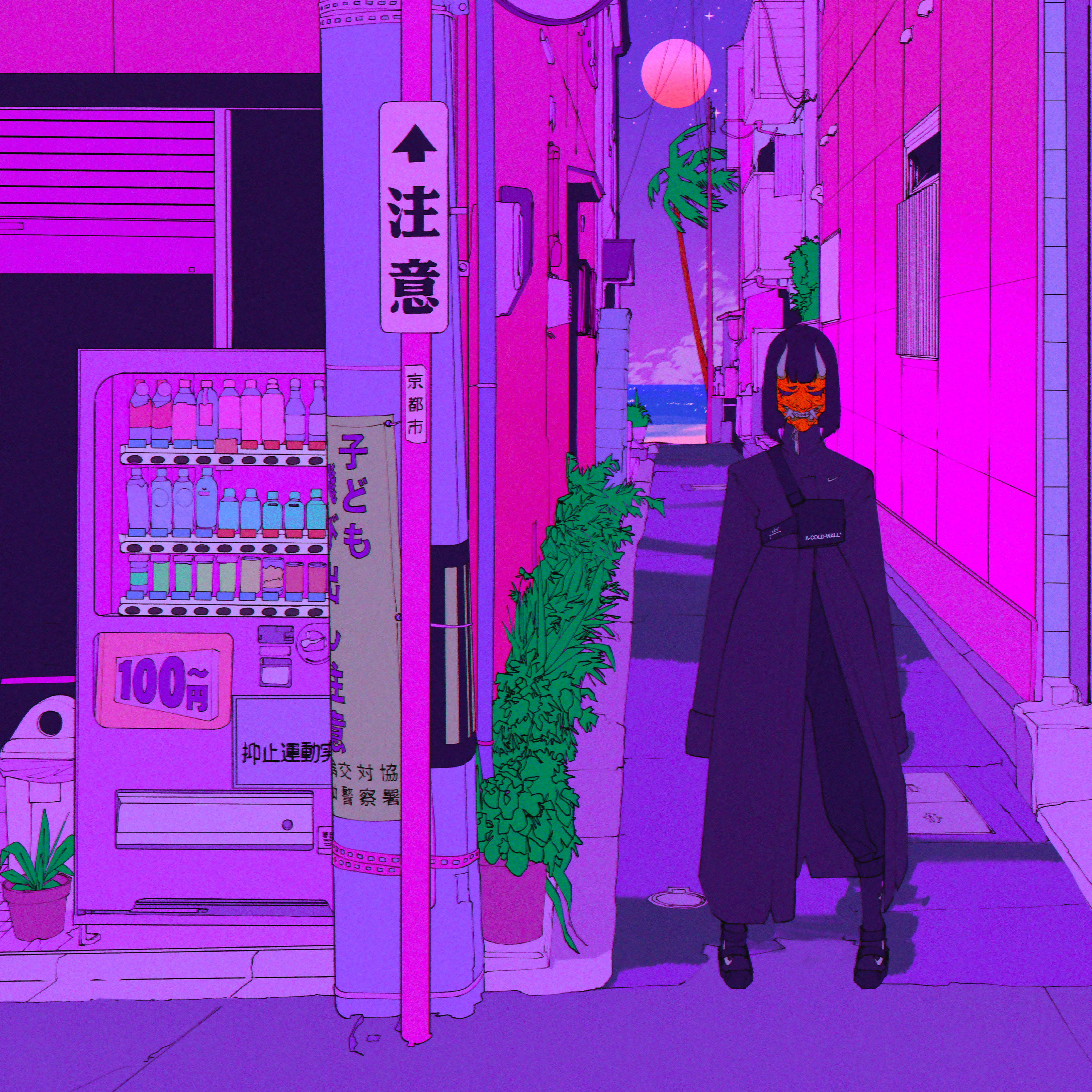 neon-pink alley, glowing orb, vending machine, 4K Desktop Wallpaper