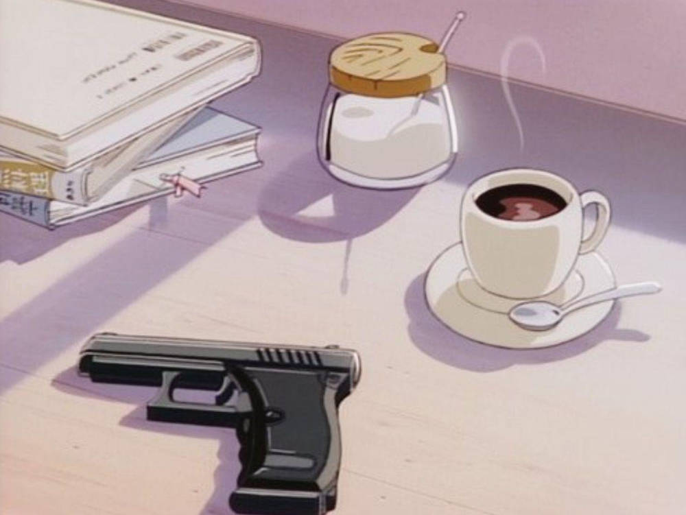 80s Anime Aesthetic, coffee cup, handgun, SD Desktop Wallpaper