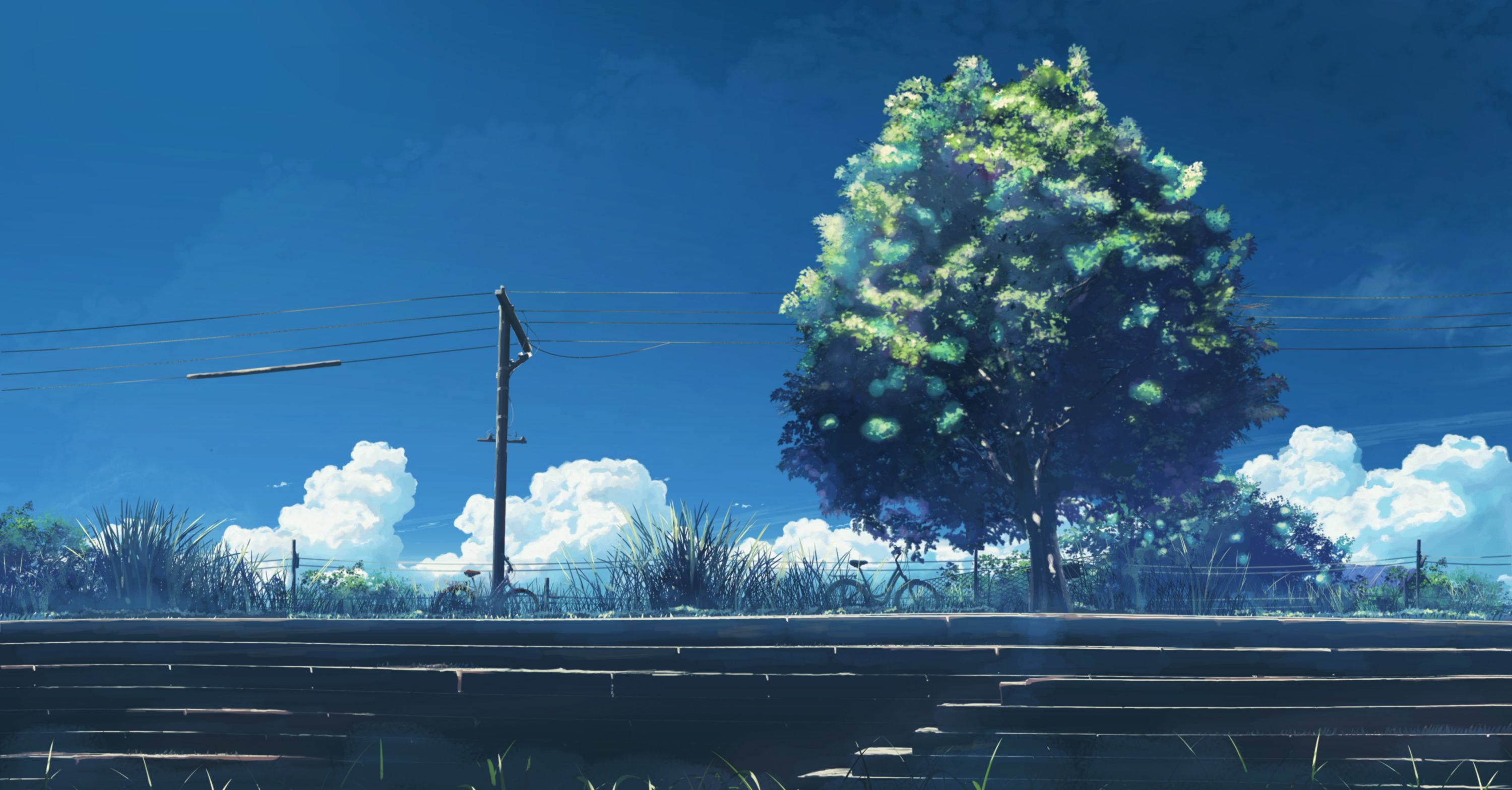 80s anime aesthetic, glowing green leaves, bright blue sky, 2K Desktop Wallpaper