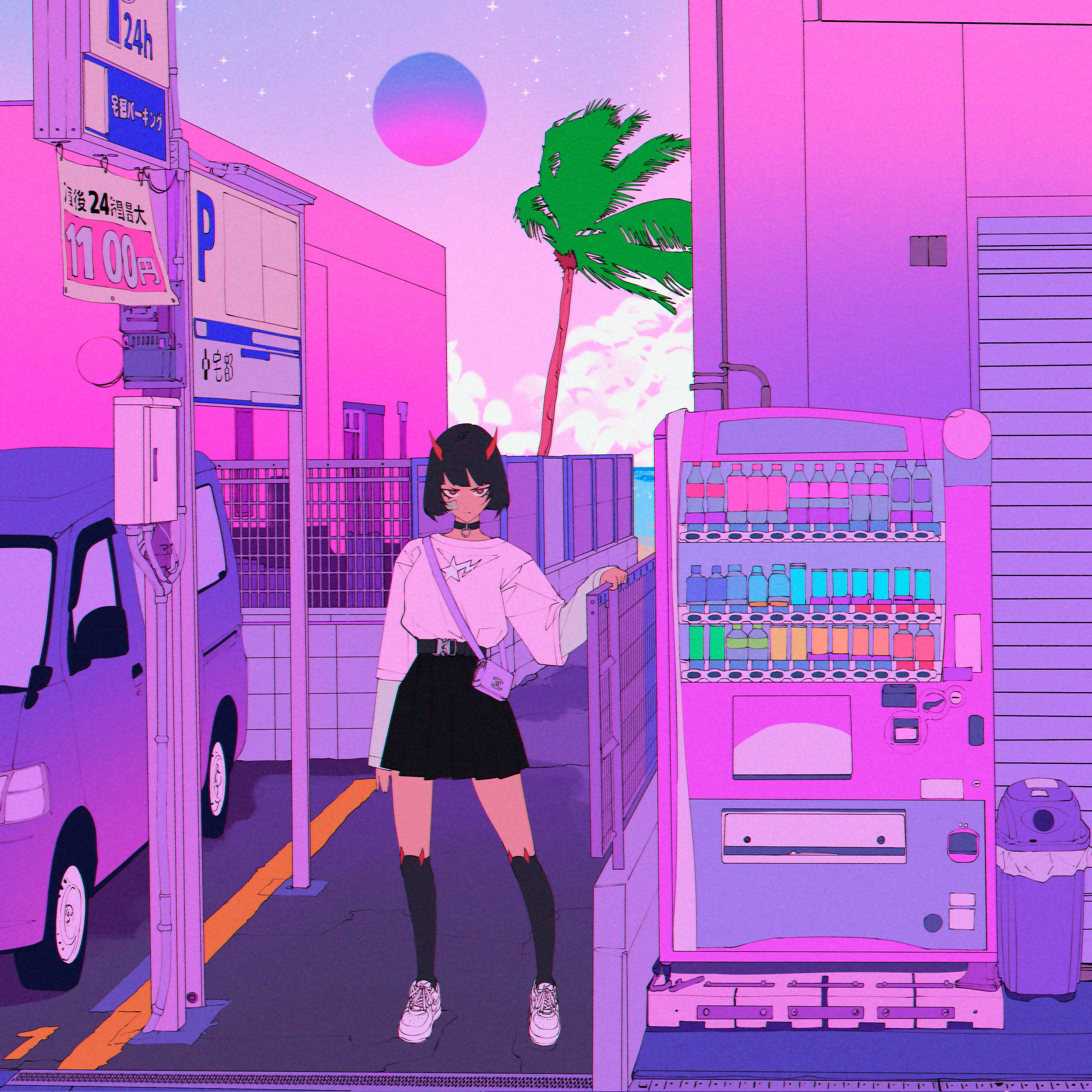 80s anime aesthetic, devil horns, glowing pink vending machine, 4K Desktop Wallpaper