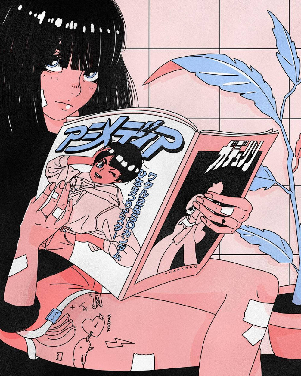 80s anime aesthetic, black hair, bandaged body, SD Phone Wallpaper