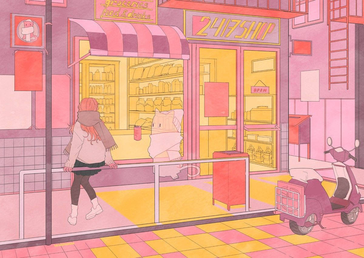 pink hair, glowing 247 shop, cat mascot, SD Desktop Wallpaper