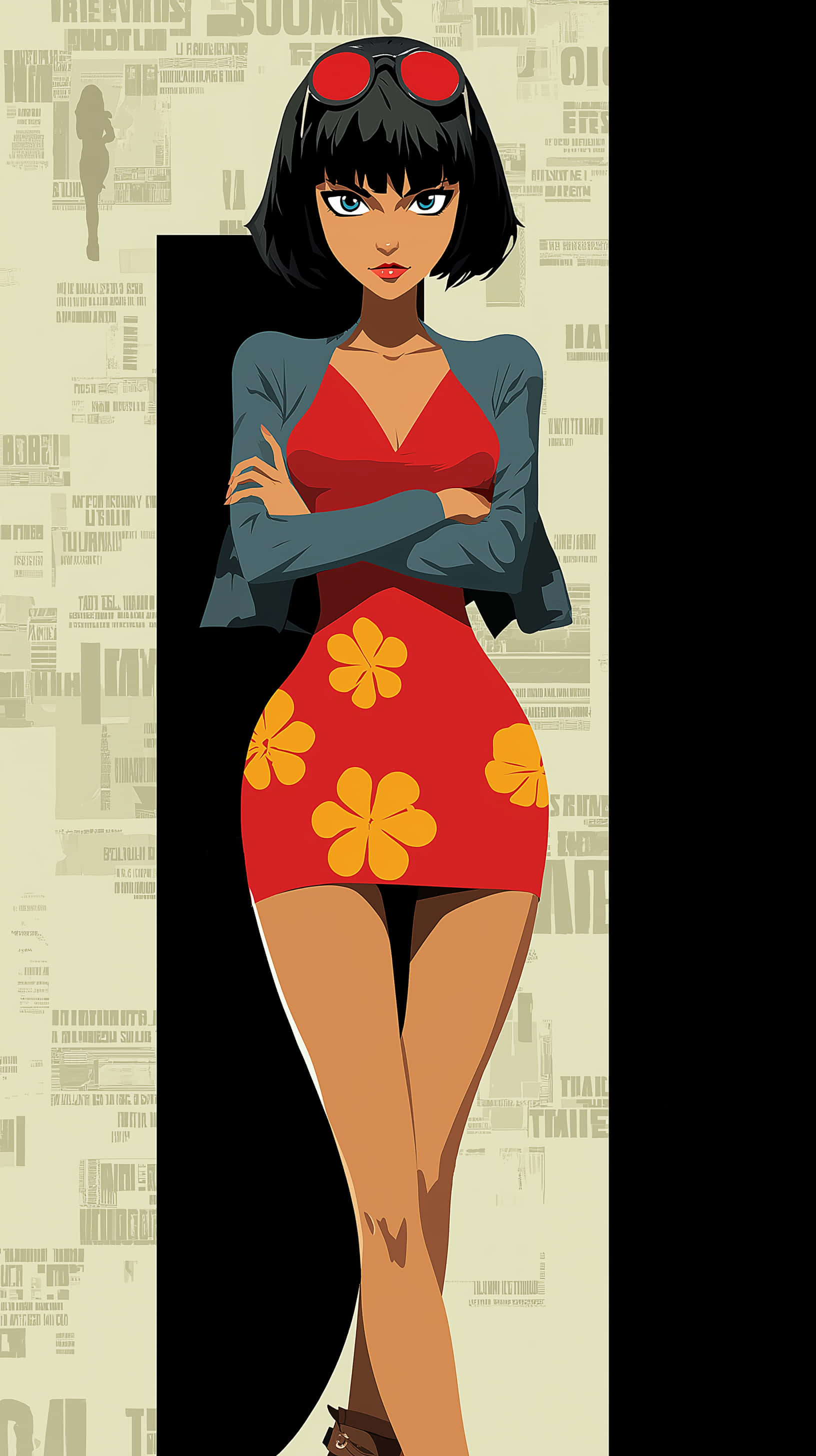 red sunglasses, red floral dress, newspaper collage background, 2K Phone Wallpaper