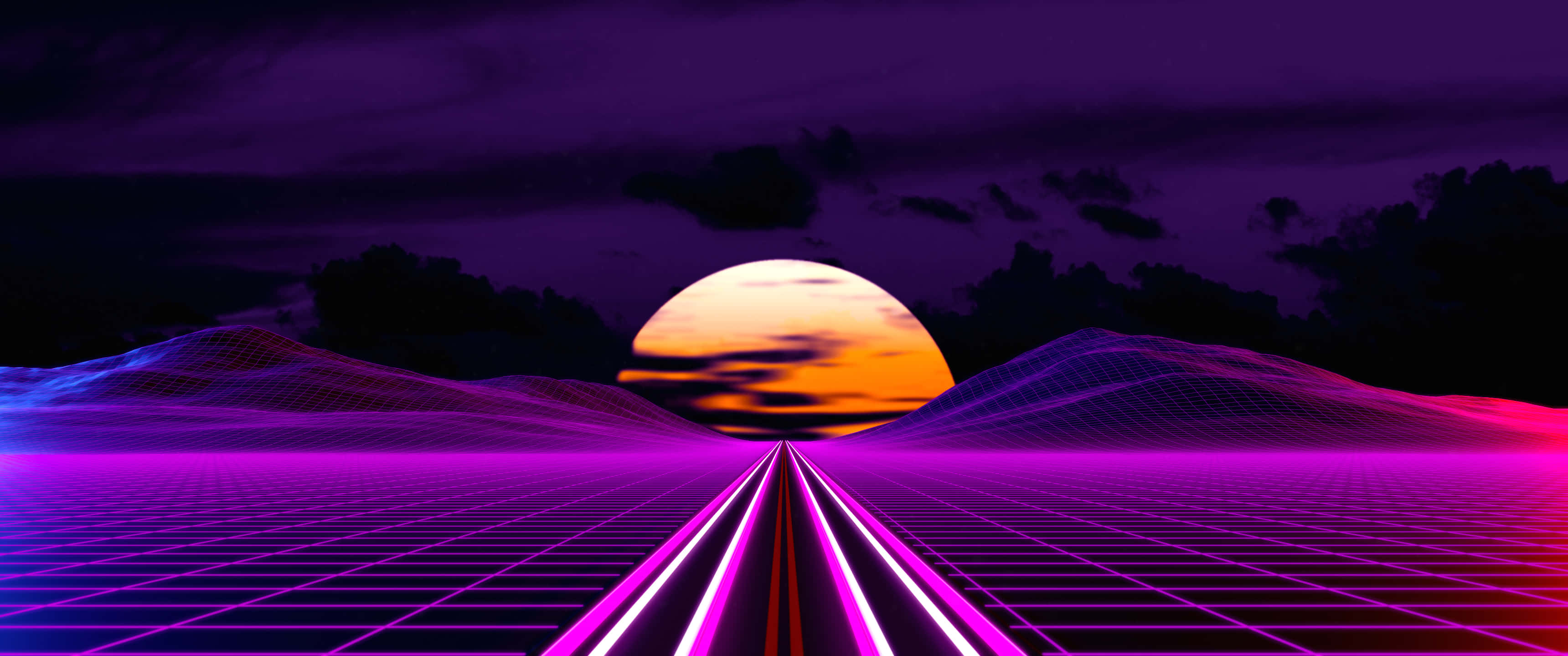 neon grid road, glowing orange sun, purple sky, 2K Desktop Wallpaper