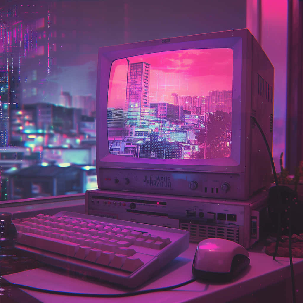 retro cyberpunk computer setup, pink neon light, futuristic cityscape, SD Desktop Wallpaper