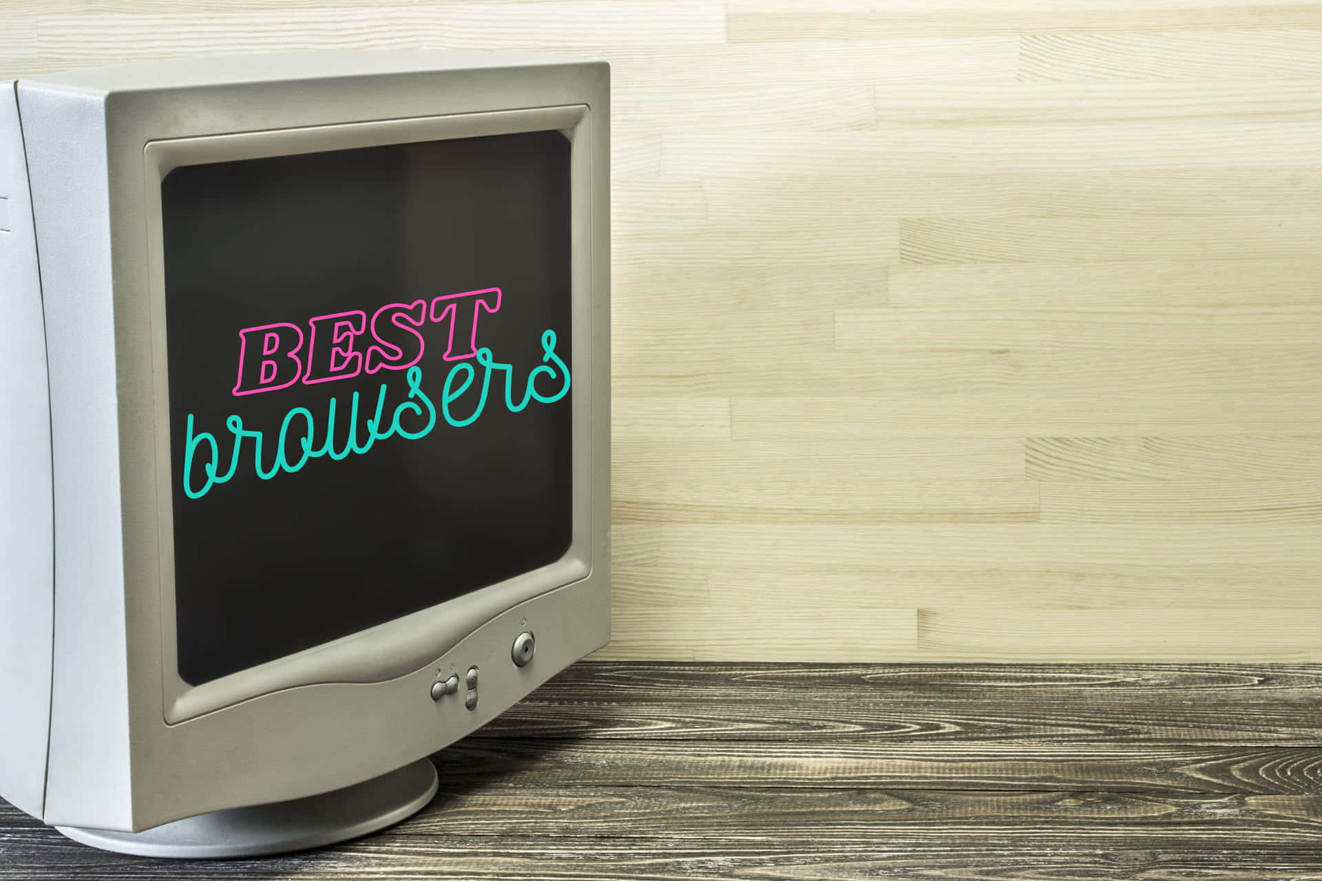 beige CRT monitor, pink and teal neon text, wooden backdrop, Full HD Desktop Wallpaper